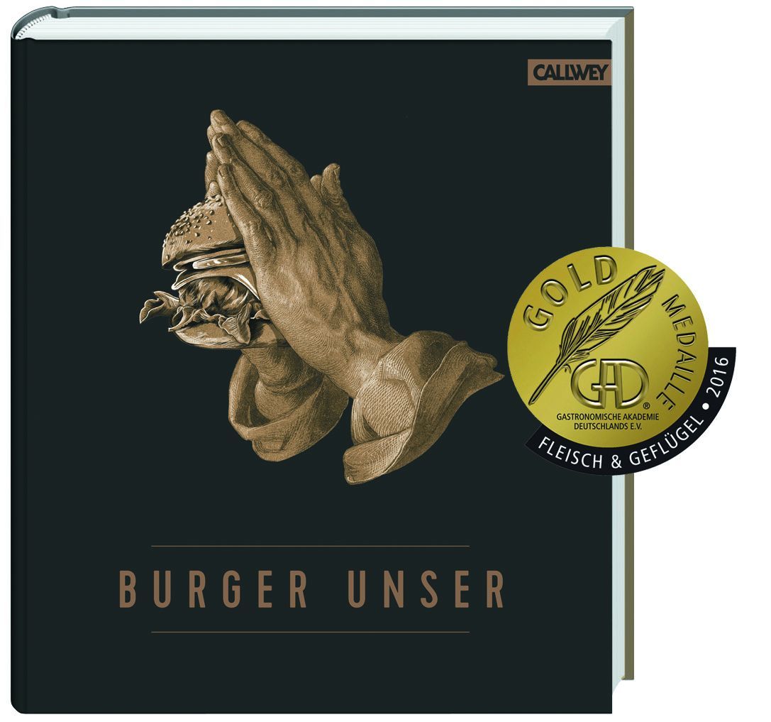 Buchcover mit Händen, die einen Burger halten. Goldmedaille der Gastronomischen Akademie Deutschlands.