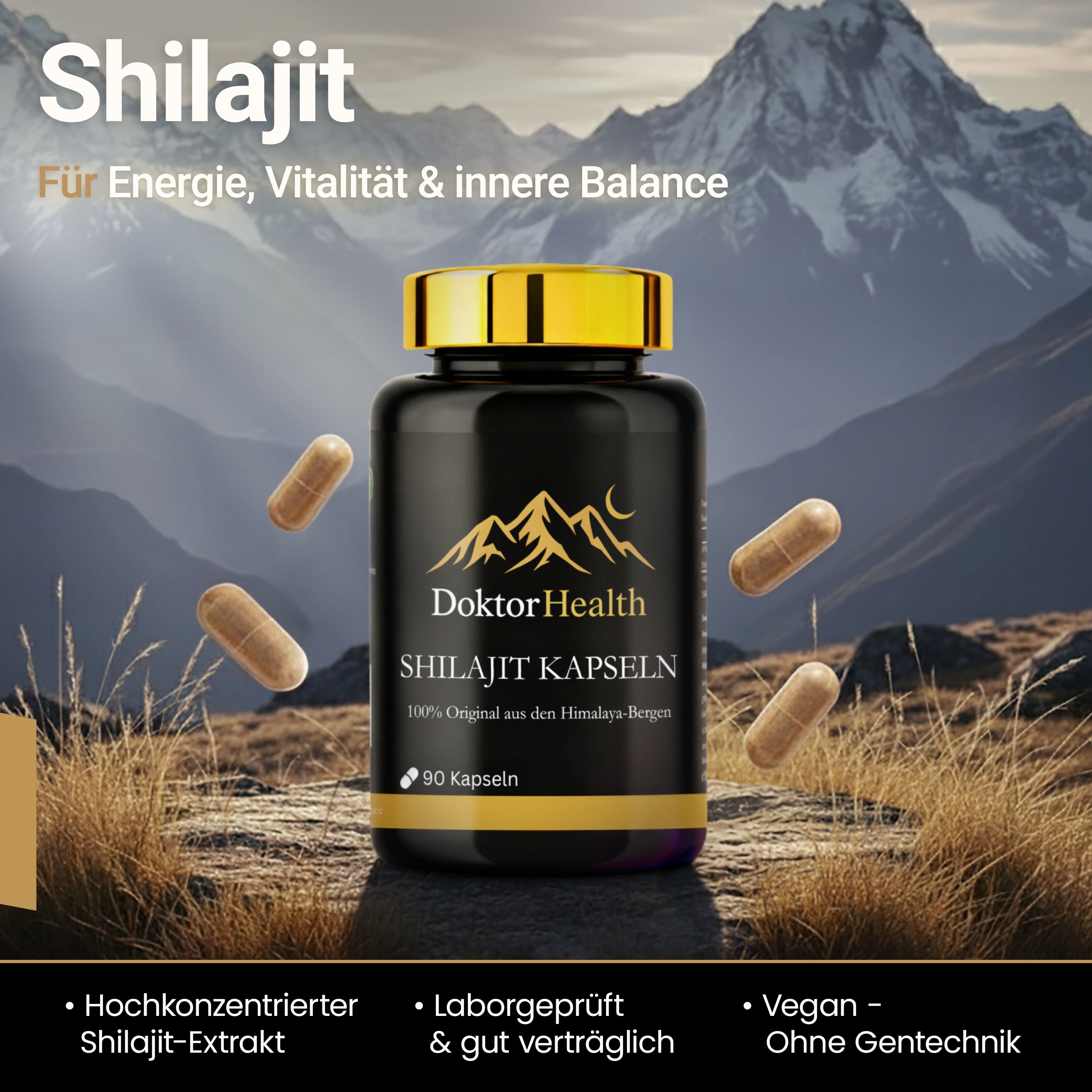 Schwarze Flasche mit goldenem Deckel und Etikett. Enthält Shilajit Kapseln. Berge im Hintergrund. Text: Energie, Vitalität & innere Balance.
