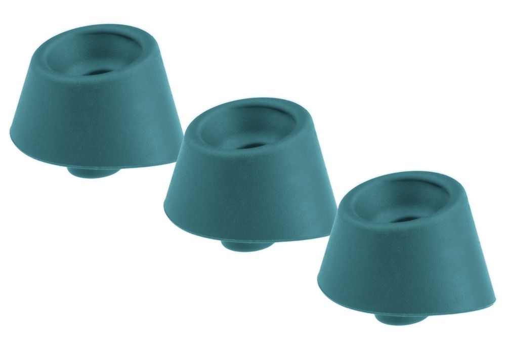 Drei teal-farbene Ersatzköpfe. Kegelförmig mit einer konkaven Oberseite und einer runden Basis.