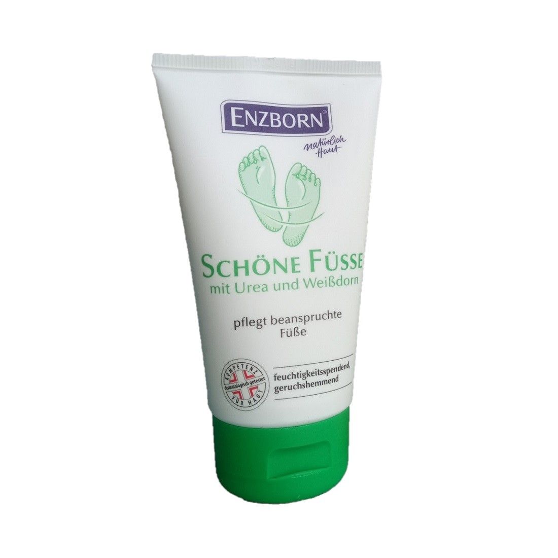 Weiße Tube mit grünem Deckel. Aufschrift: ENZBORN, Schöne Füße, mit Urea und Weißdorn. Logo mit Füßen. Qualitätszeichen.