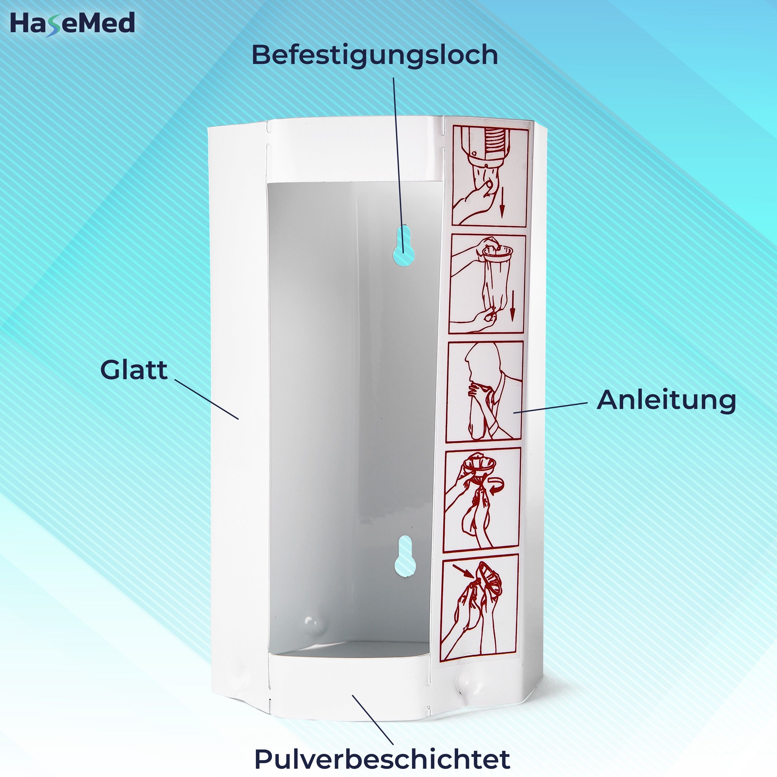 Weißer Metallspender für Spuckbeutel. Beschriftungen: Befestigungsloch, glatt, pulverbeschichtet, Anleitung. Logo: HaseMed. Auf der Seite sind Anweisungen abgebildet.