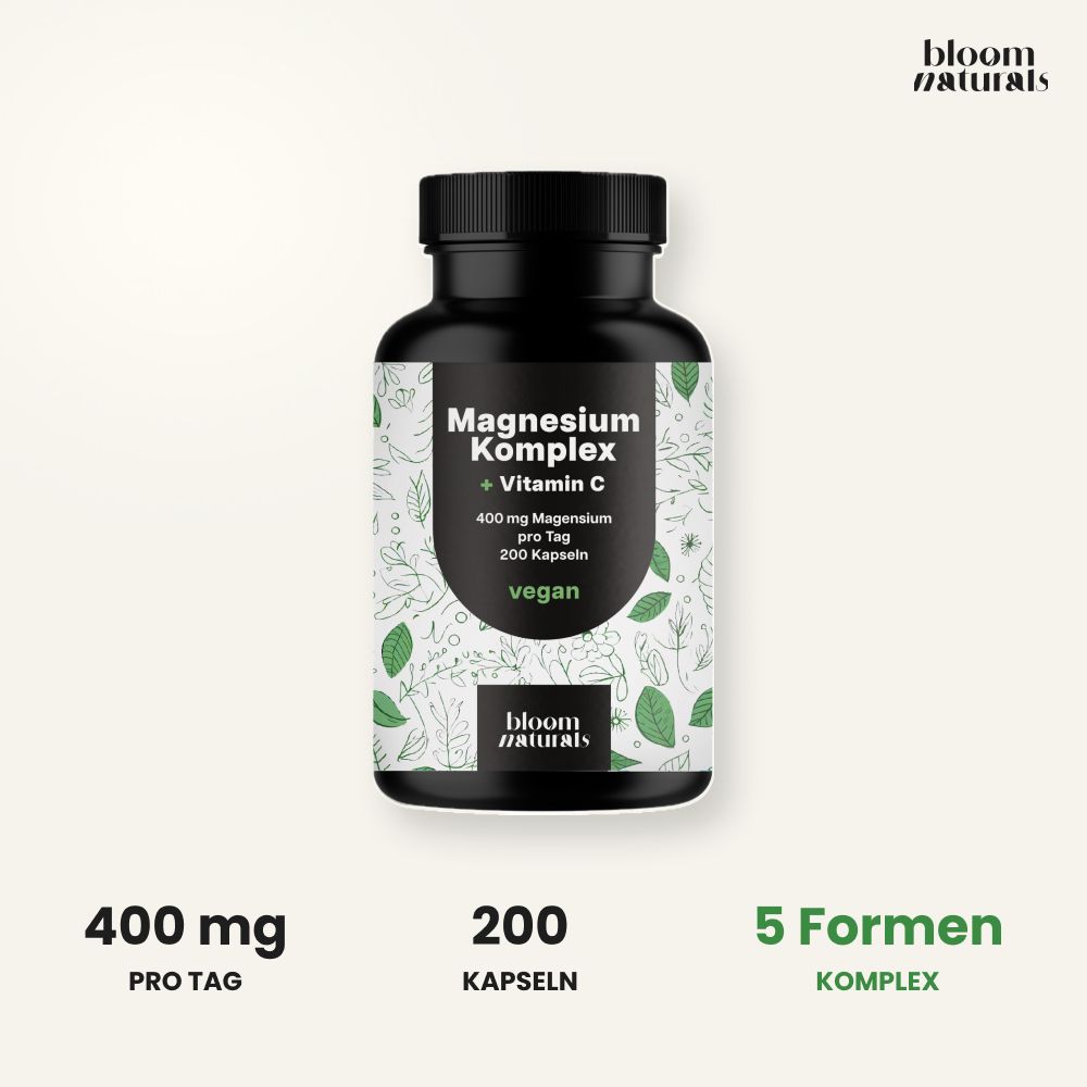 Dose Magnesium Komplex von Bloom Naturals. 400 mg pro Tag, 200 Kapseln, 5 Formen Komplex.