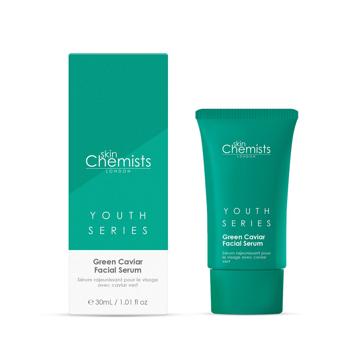 Grüne Tube und Schachtel mit Serum. Text: Youth Series Green Caviar Facial Serum. Logo SkinChemists London. Volumen: 30ml/1.01 fl oz.