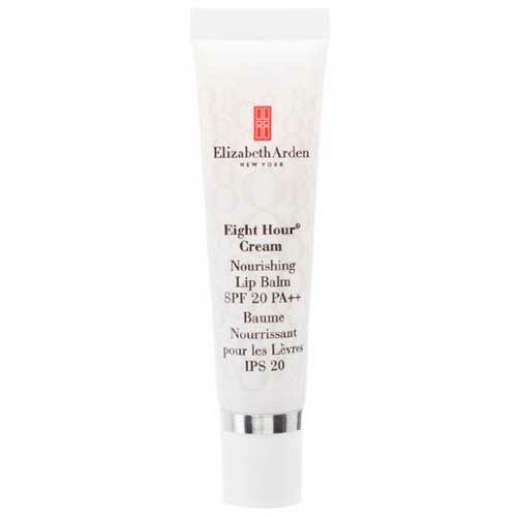Weiße Tube mit silberner Kappe. Text: Elizabeth Arden, Eight Hour Cream, Nourishing Lip Balm SPF 20 PA++.