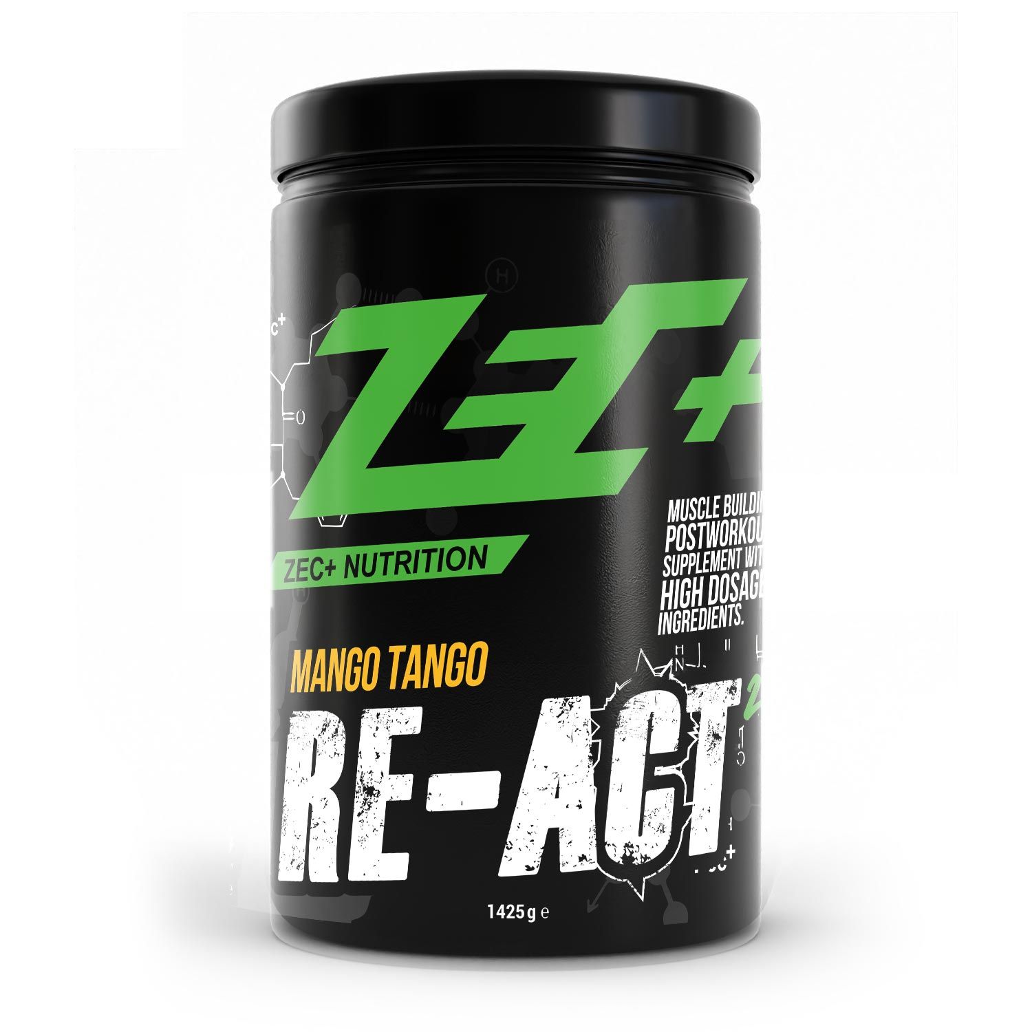 Schwarze Dose mit grünem Logo und Schriftzug: ZEC+ RE-ACT. Aufschrift: Mango Tango. Gewicht: 1425g.