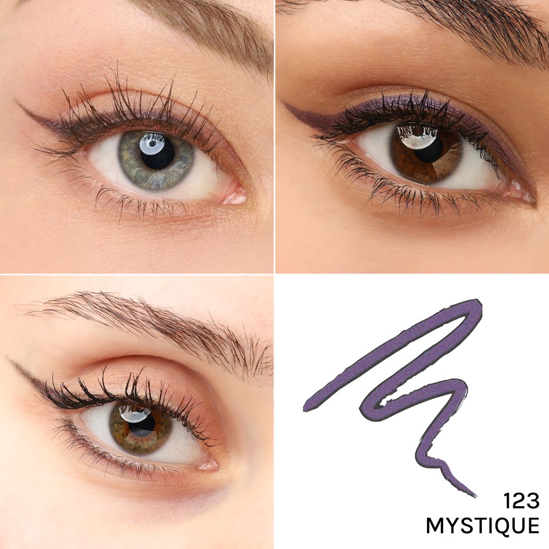 Vier Nahaufnahmen von Augen mit Kajal-Eyeliner. Der Eyeliner ist lila und wird auf dem Augenlid aufgetragen. Der Name „Mystique“ ist sichtbar.