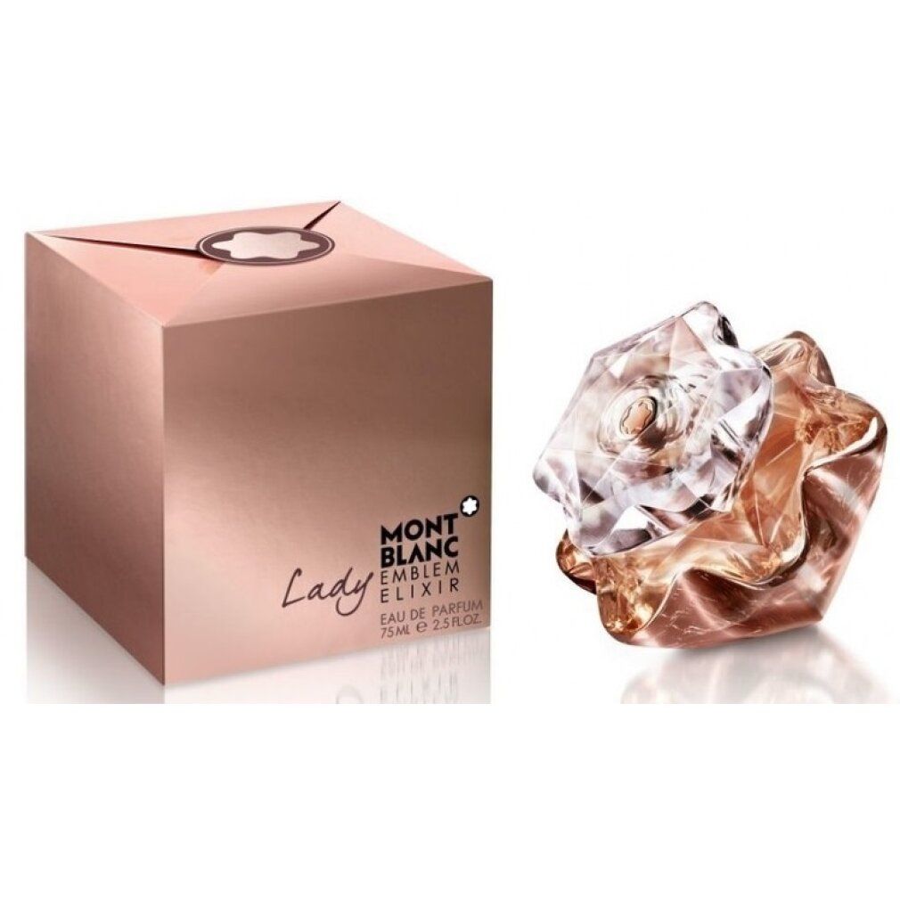 Parfümflakon und rosafarbene Verpackung. Auf der Verpackung: Montblanc Lady Emblem Elixir, Logo und Text.