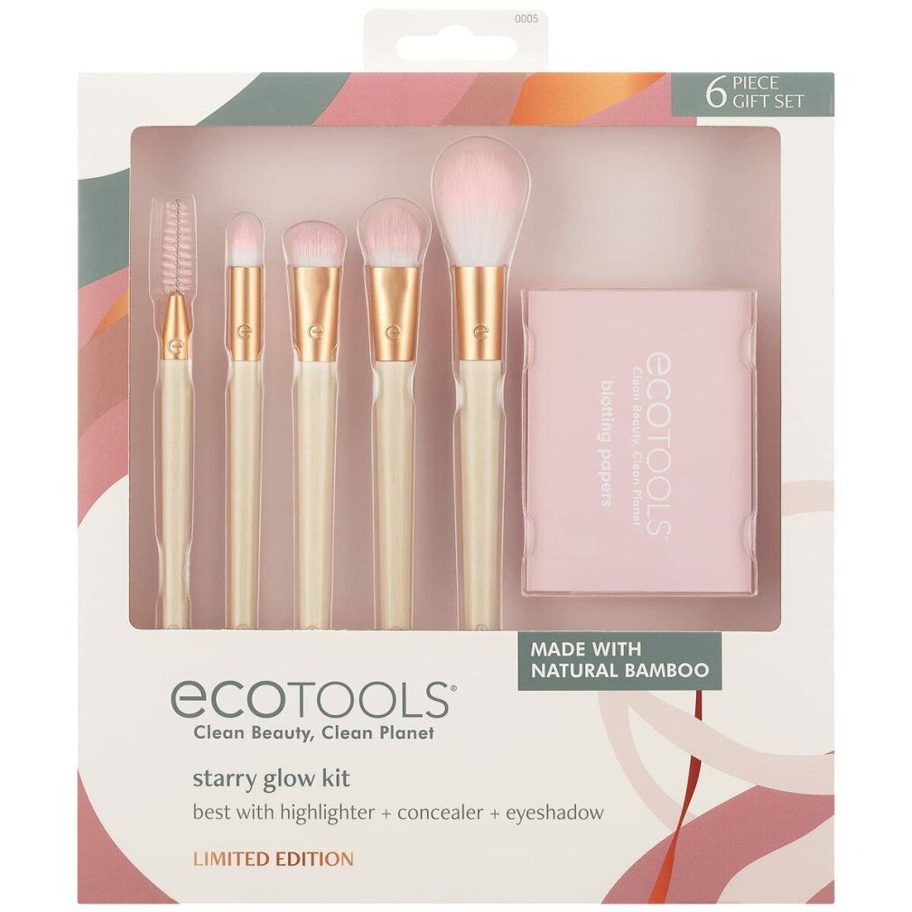 Make-up-Pinsel-Set in einer Geschenkbox. Enthält 6 Teile. Aufschrift: Ecotools, Starry Glow Kit, Made with Natural Bamboo.