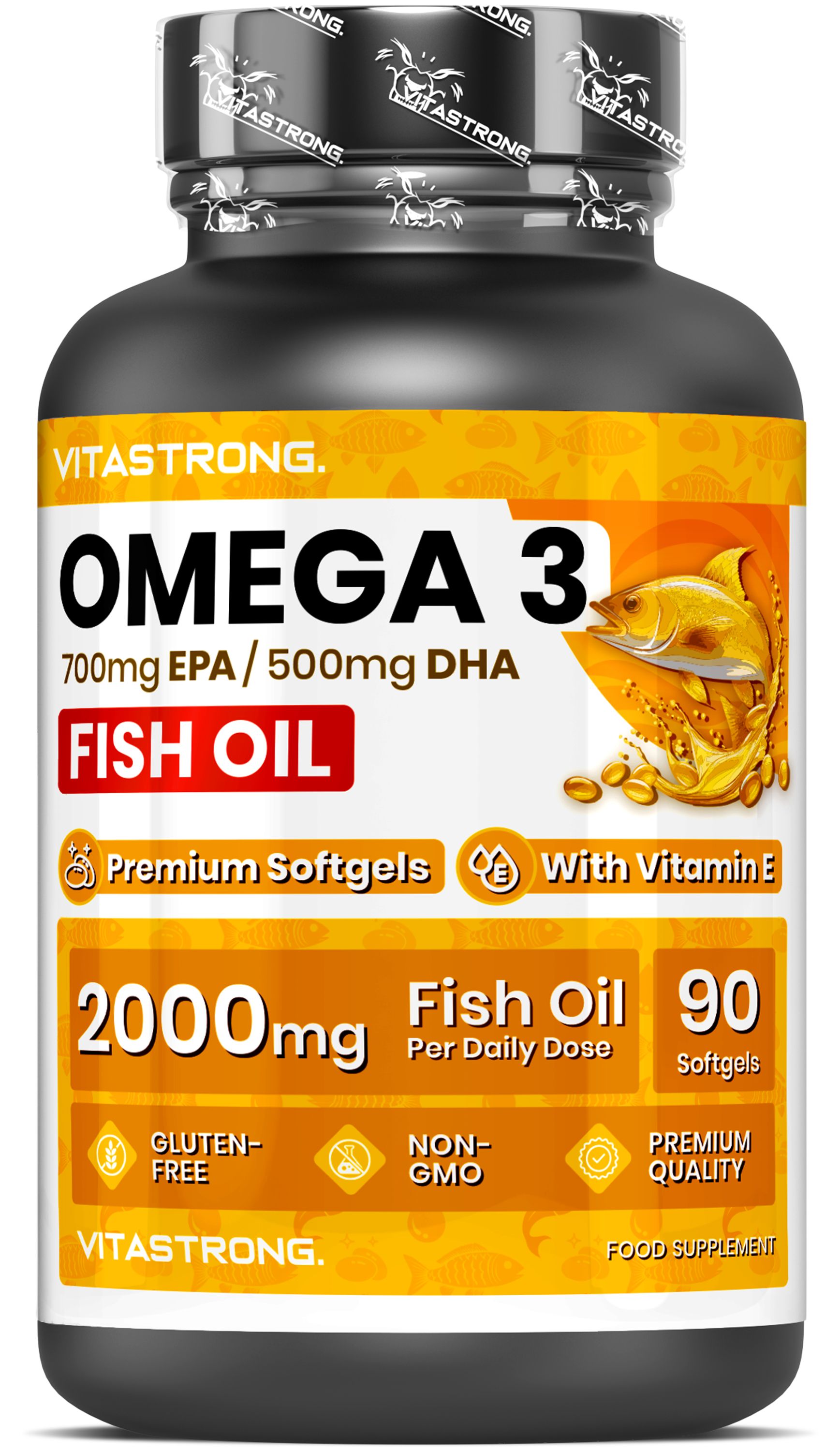 Vitastrong Omega-3 Flasche mit Fischöl-Softgelkapseln und Vitamin E.