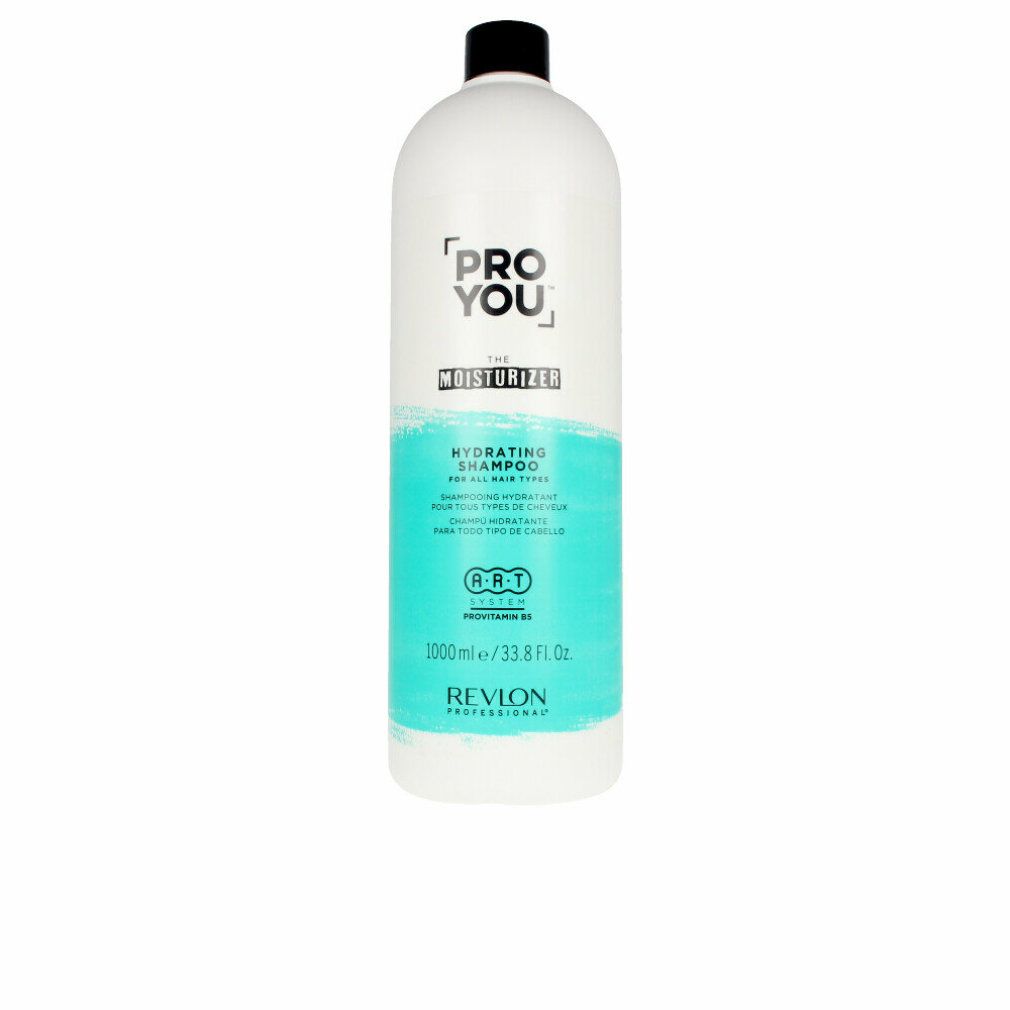Weiße Flasche mit schwarzem Deckel. Aufschrift: PRO YOU The Moisturizer. Türkisfarbener Streifen mit Text. Revlon Professional.