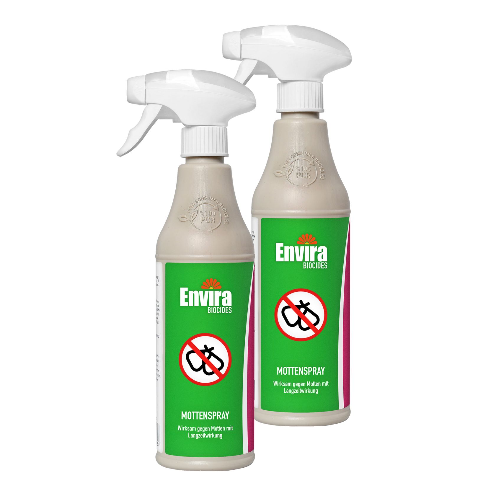 Zwei Sprühflaschen mit weißem Sprühkopf und grünem Etikett. Auf dem Etikett steht "Envira Mottenspray" und ein Symbol für Motten.