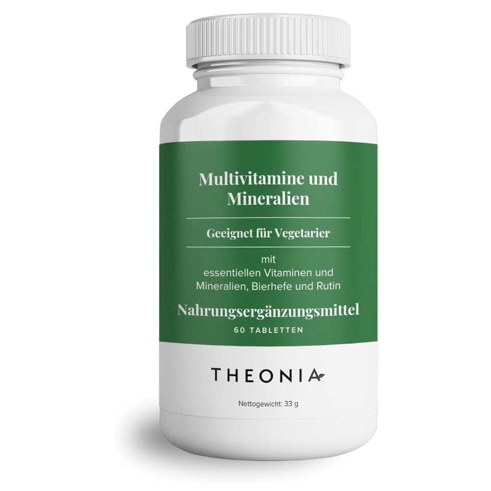 Weiße Flasche mit grünem Etikett. Aufschrift: Multivitamine und Mineralien, geeignet für Vegetarier. 60 Tabletten. Marke: THEONIA.