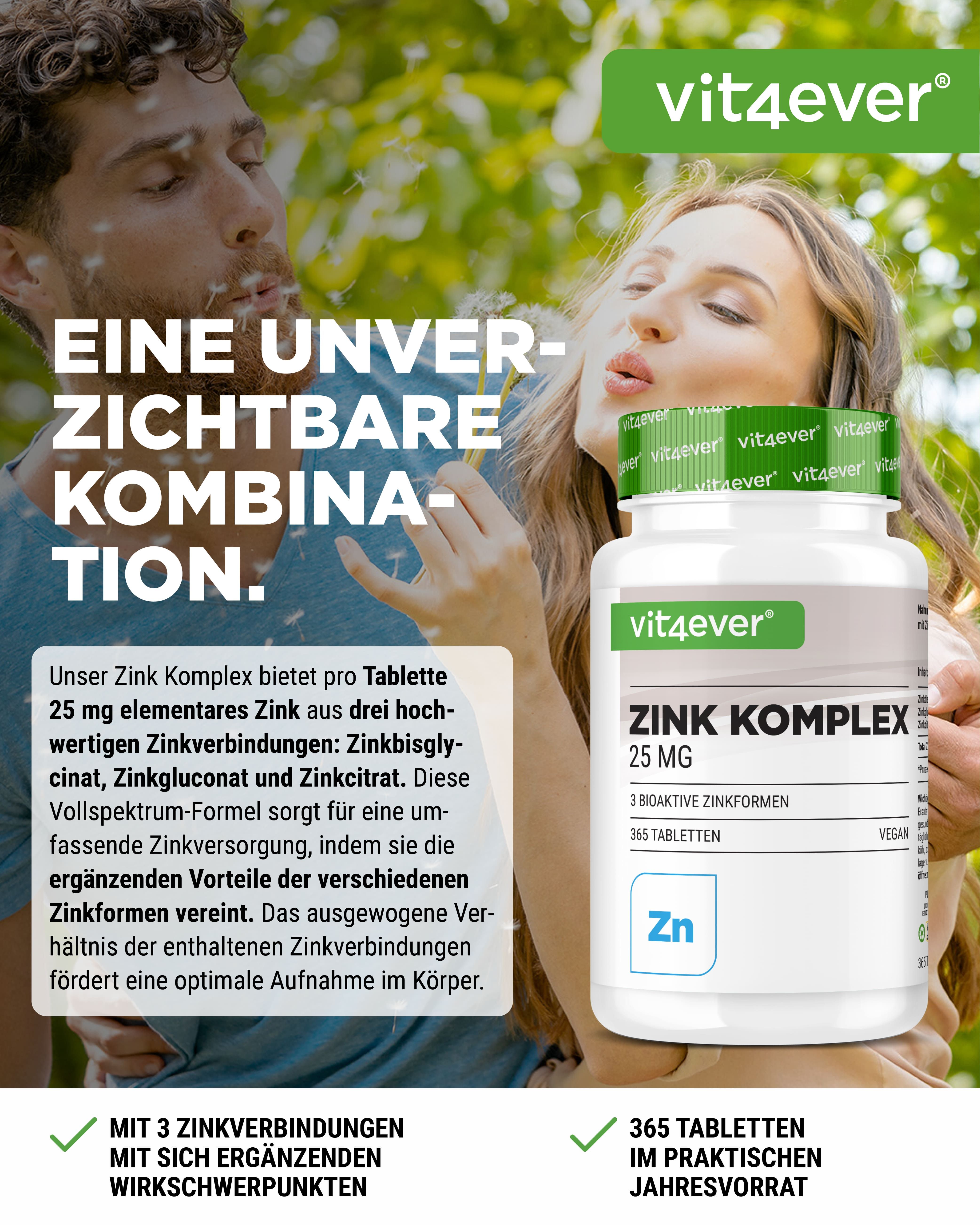 Weißes Flaschendesign mit grünem Deckel. Aufschrift: Zink Komplex 25 mg. Hintergrund: Paar. Text: Eine unverzichtbare Kombination.