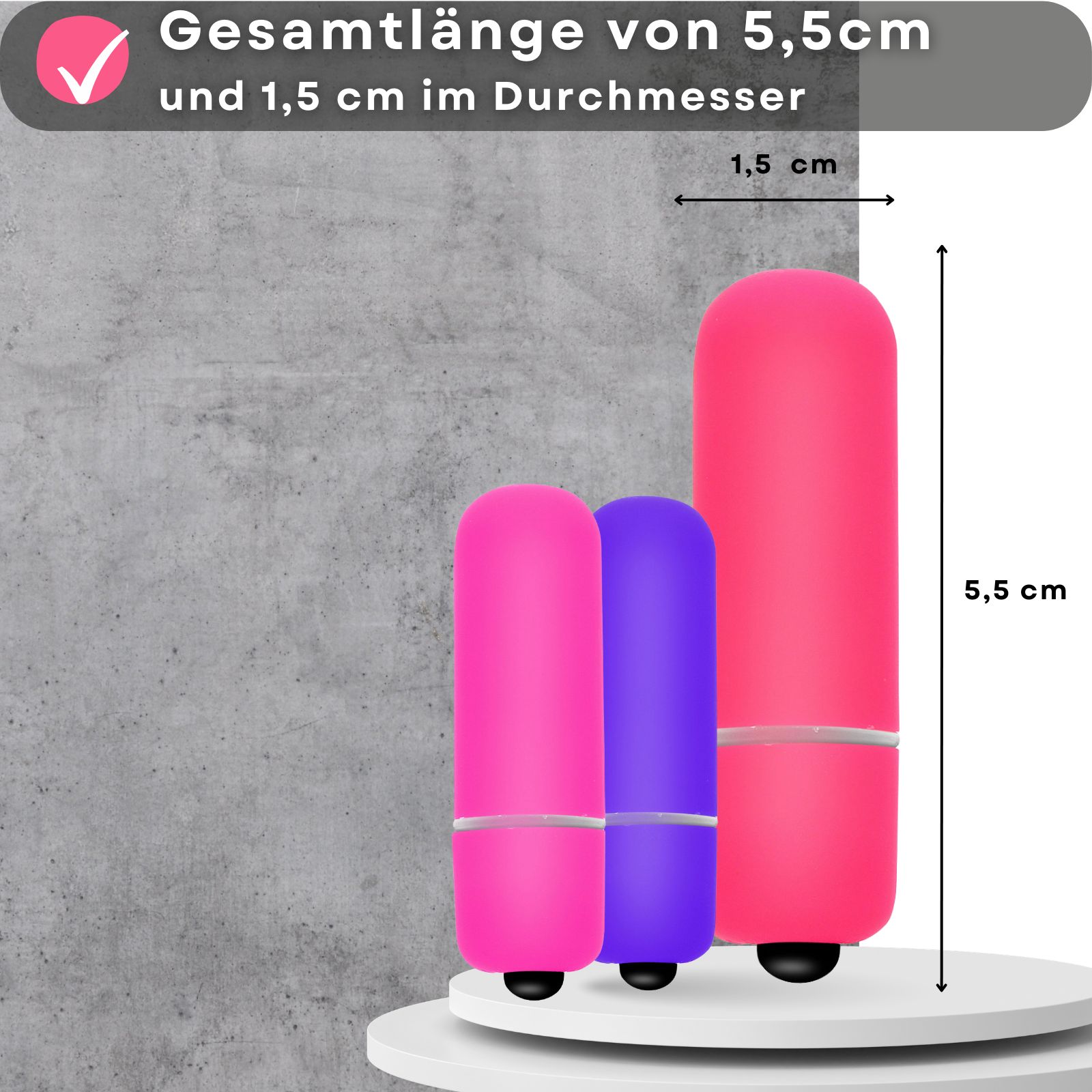 Produktabbildung mit Text. Gesamtlänge 5,5 cm und 1,5 cm Durchmesser. Drei Vibratoren.