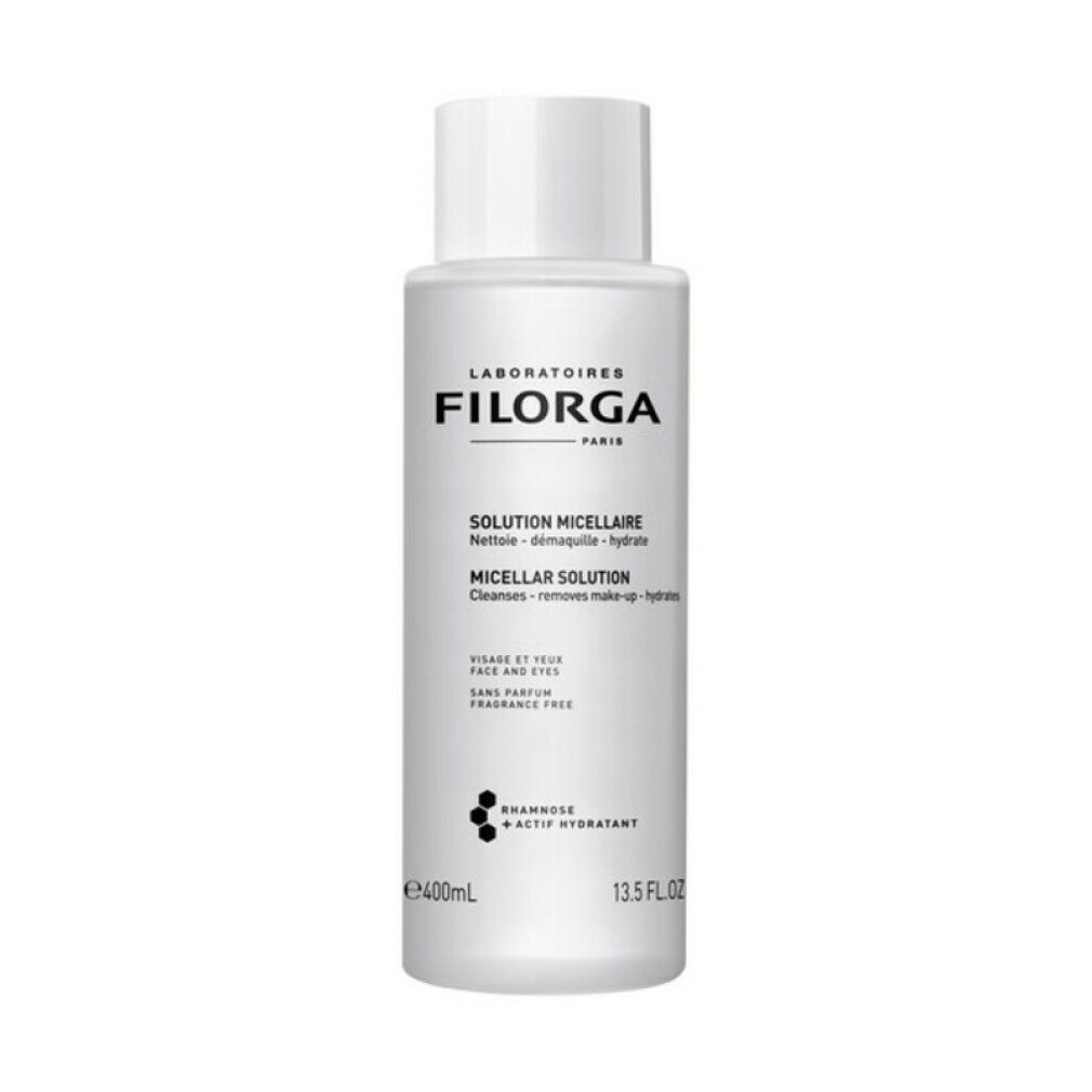 Weisse Flasche mit Filorga-Etikett. Text: Solution Micellaire, Micellar Solution. Reinigt, entfernt Make-up, hydratisiert. 400ml, 13.5 FL OZ.