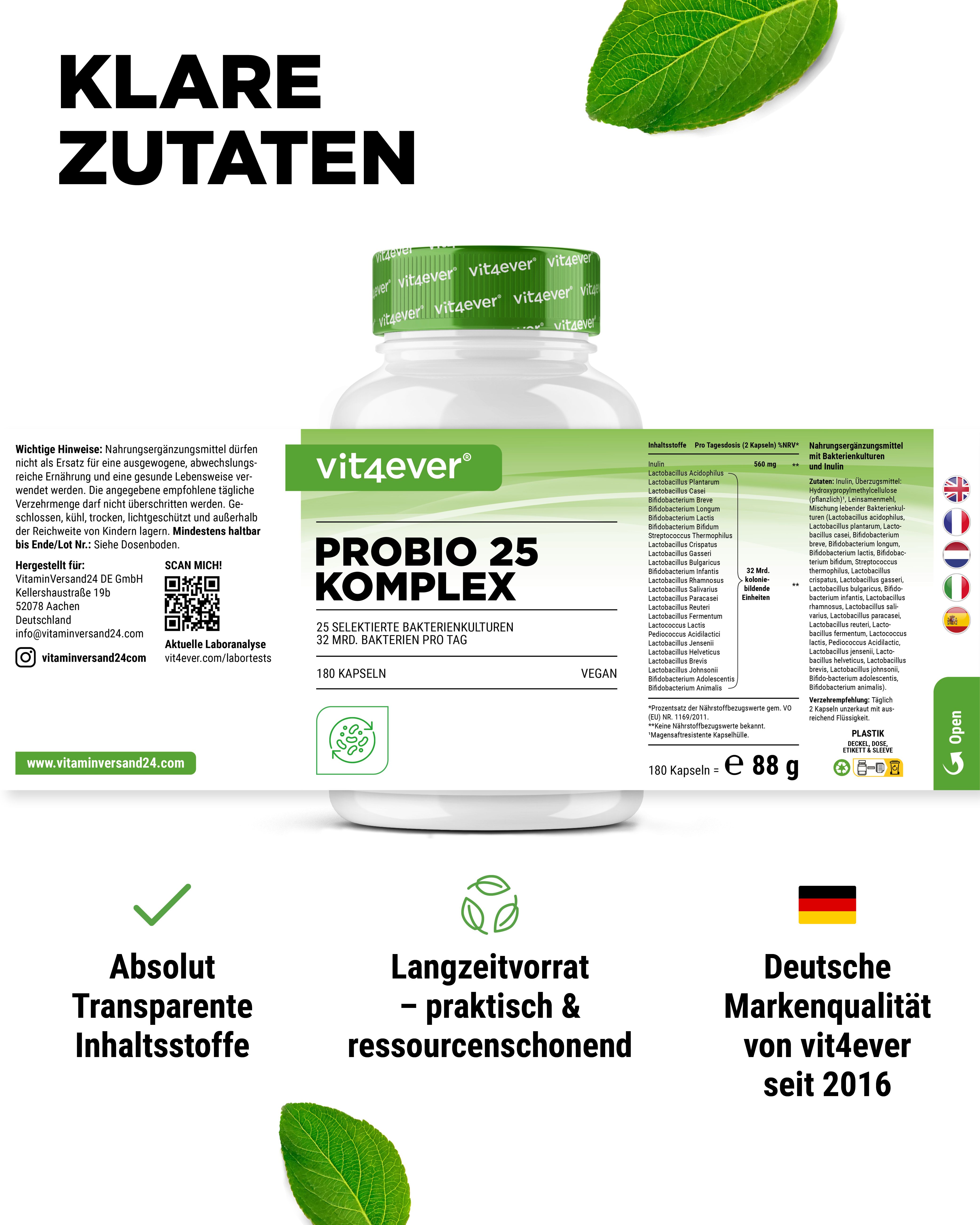 Vit4ever Probio 25 Komplex: Transparente Inhaltsstoffe, lange Haltbarkeit, deutsche Markenqualität seit 2016.