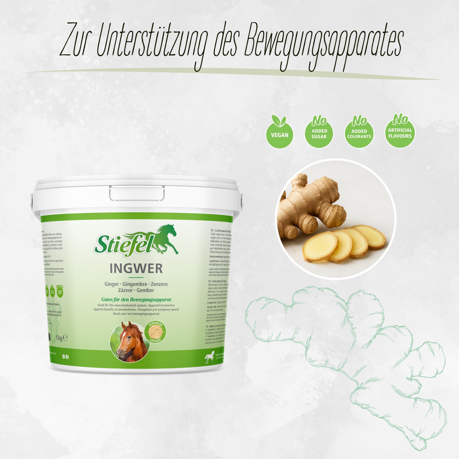 Weißer Eimer mit grünem Etikett. Text: Ingwer, Stiefel. Abbildung von Ingwerknolle und Scheiben. Vegan-Siegel.