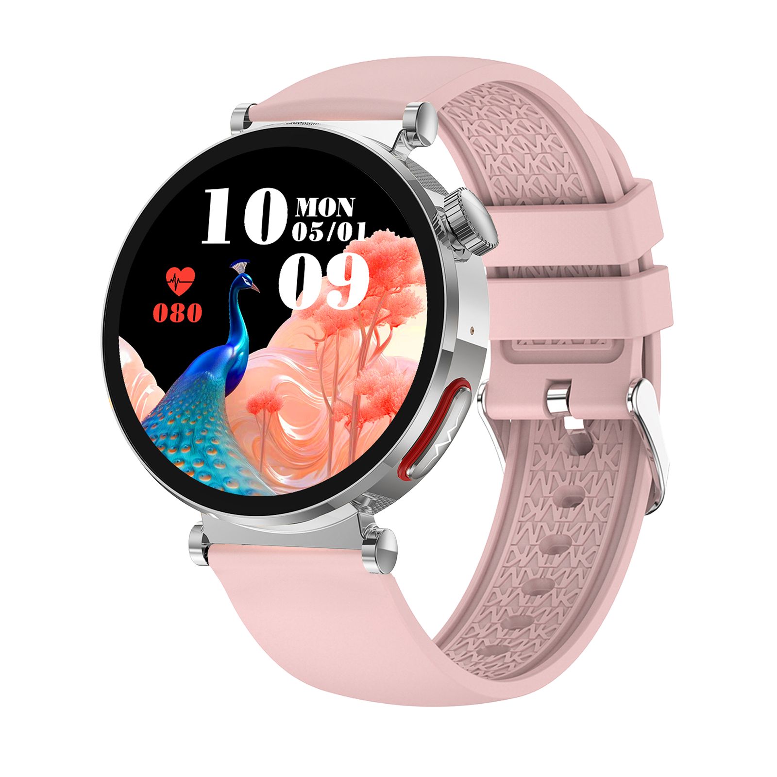 Rosafarbene Smartwatch mit rundem Zifferblatt. Anzeige: Datum, Uhrzeit, Herzfrequenz. Silberfarbenes Gehäuse, rosa Armband.