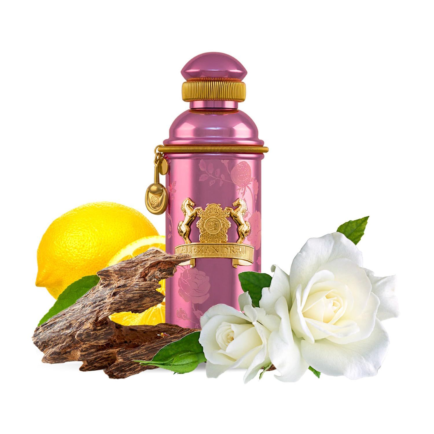 Rosa Oud Parfumspray-Flasche mit Zitrone, Holz und Rosen. Rosa Flasche mit goldenen Verzierungen. Zitrone, Holzstück und weiße Rosen.