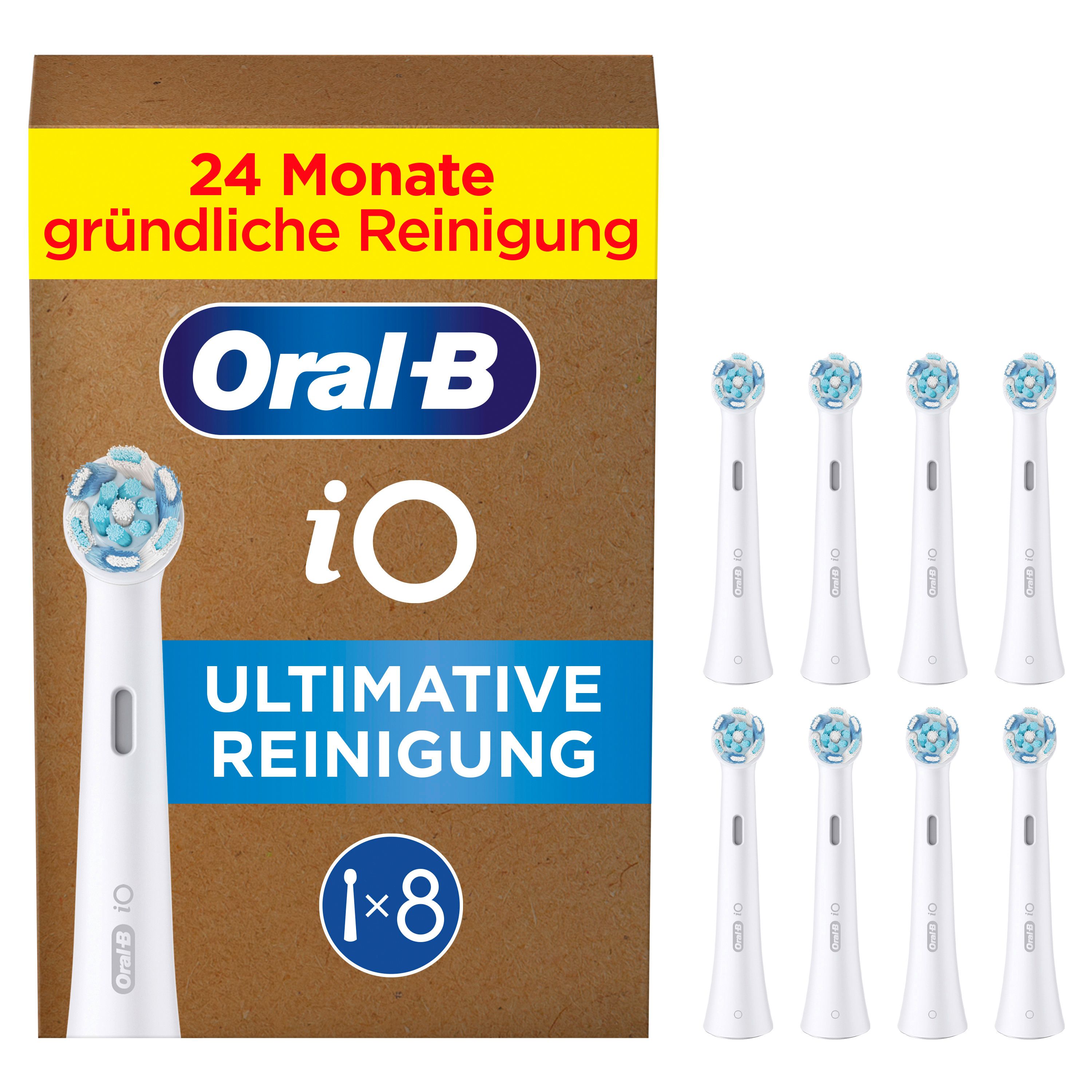 Packung mit 8 Oral-B iO Ultimative Reinigung Aufsteckbürsten. Braune Verpackung mit gelbem Akzent. Produktabbildung und Text.