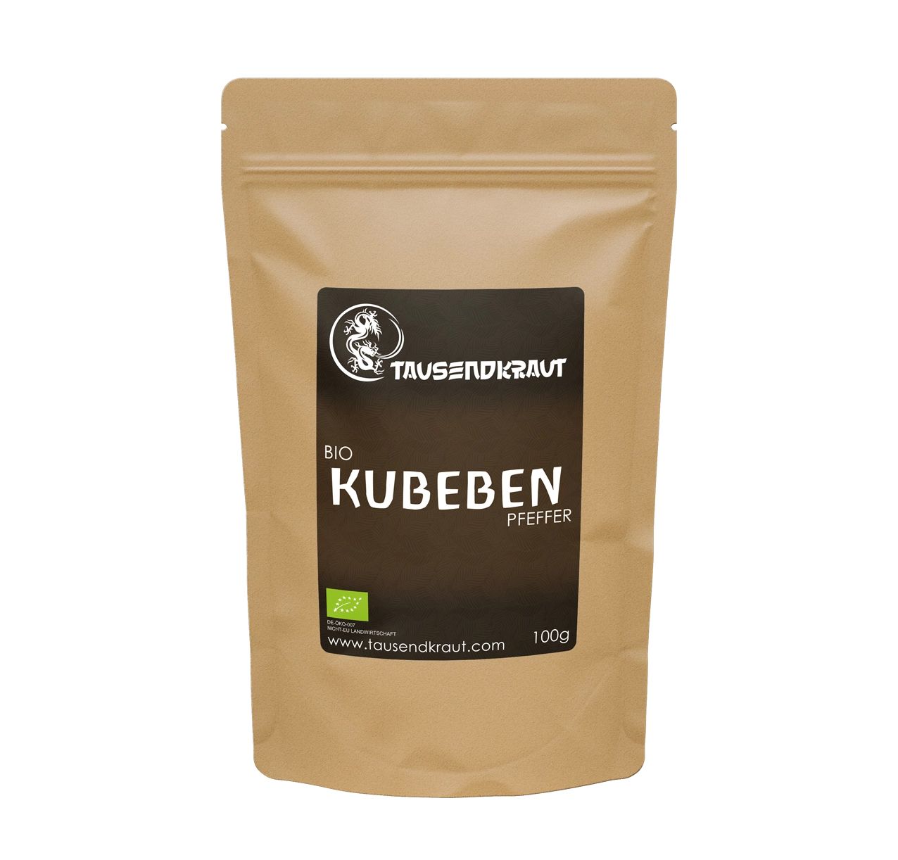 Beutel mit Tausendkraut Kubeben Pfeffer BIO. Schwarzes Etikett mit Logo und Produktbezeichnung. Bio-Siegel. 100g.