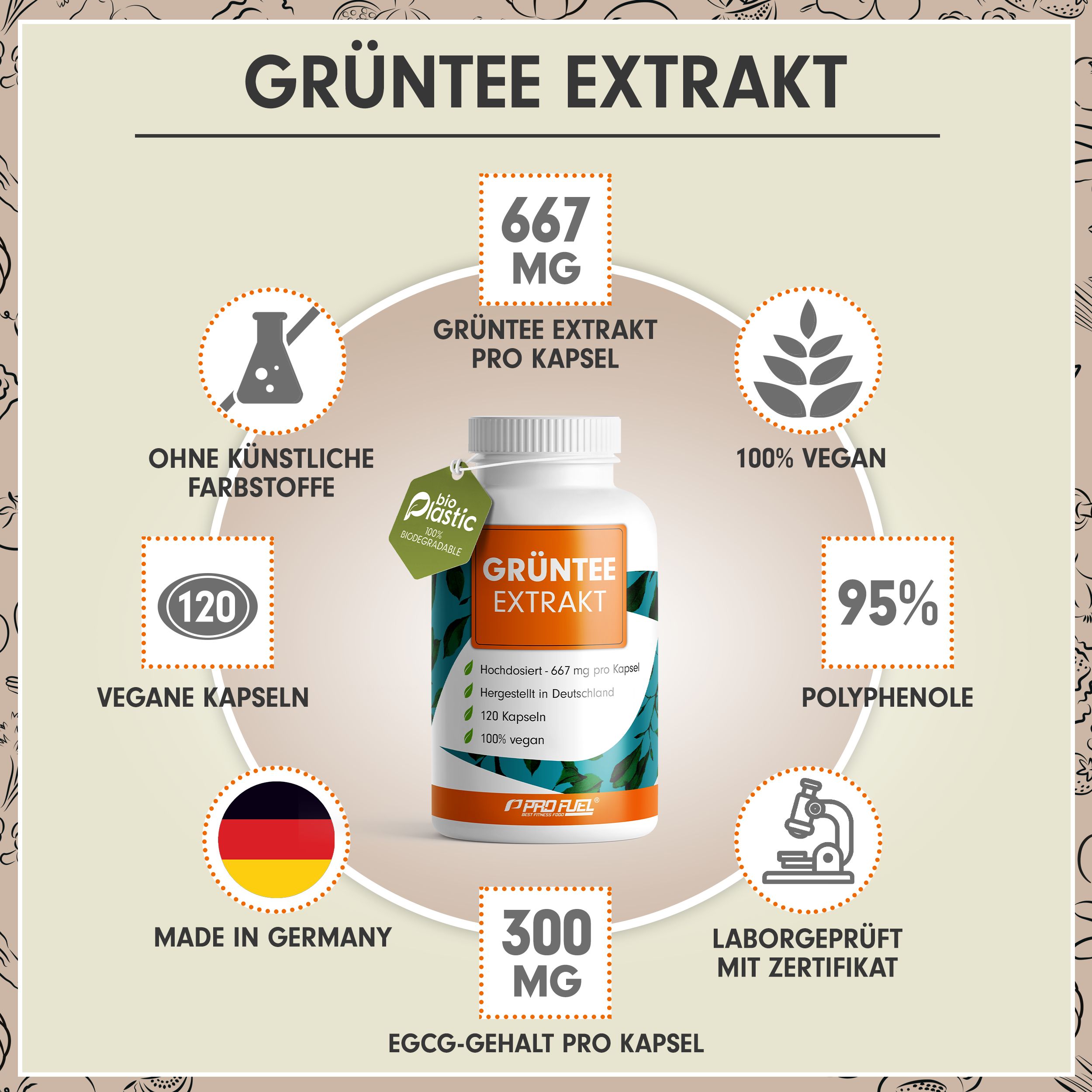Weiße Flasche mit Grüntee Extrakt Kapseln. Label mit Produktinformationen. 120 vegane Kapseln, 95% Polyphenole, hergestellt in Deutschland.