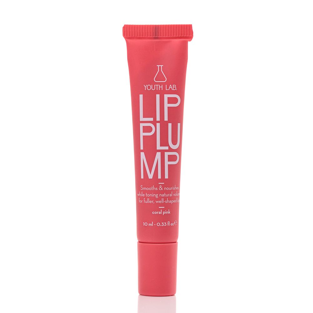 Korallenfarbener Lip Plump-Tuben. YOUTH LAB-Logo. Schriftzug LIP PLUMP. Enthält 10 ml. Für vollere Lippen.