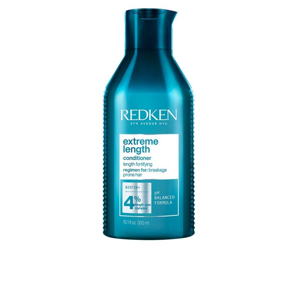 Türkisgrüne Flasche Redken Extreme Length Conditioner. Aufschrift: Conditioner, 4% Length Care Complex, pH Balanced Formula.