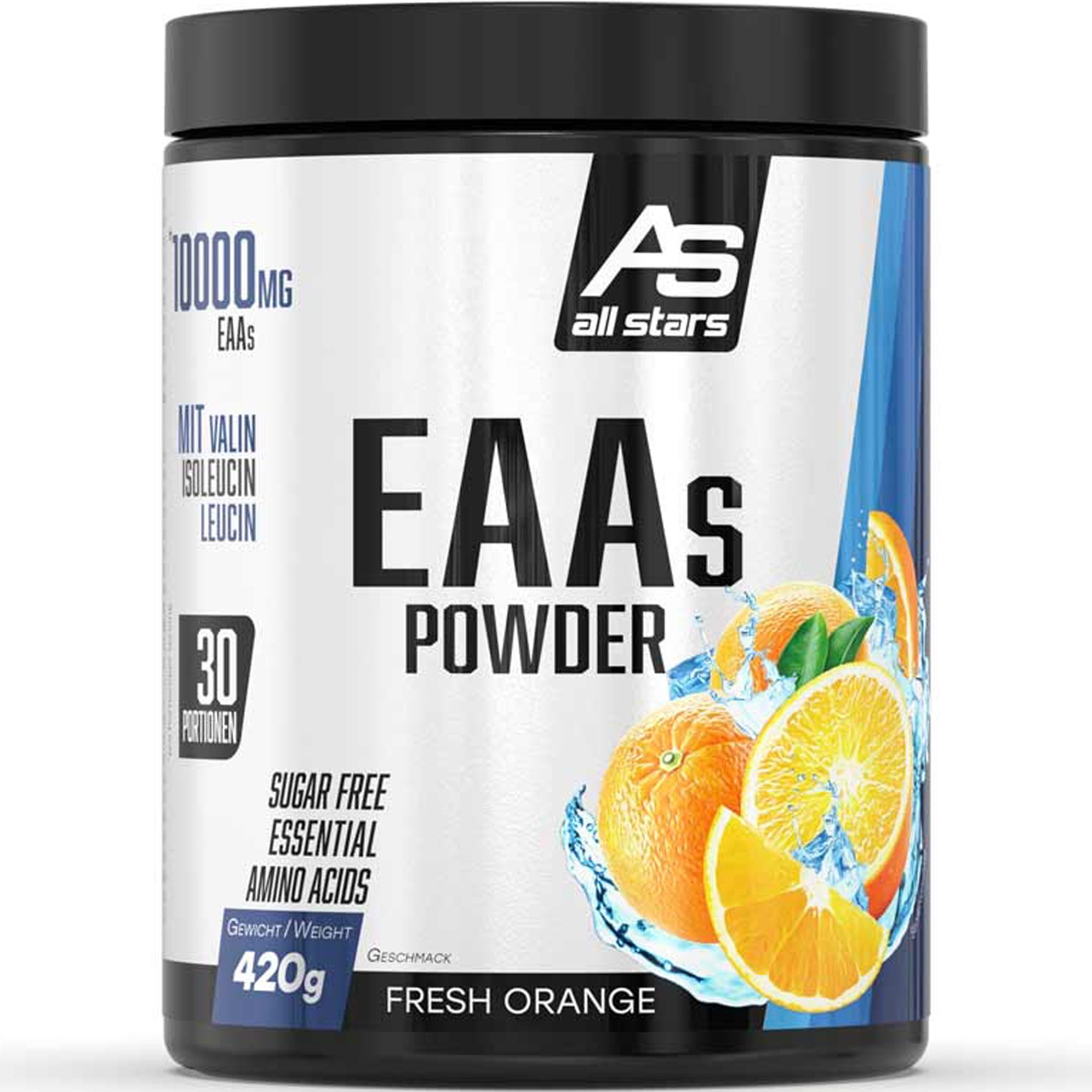Dose mit EAA-Pulver. Aufschrift: EAAs Powder, 10000mg, 30 Portionen, Zuckerfrei, essentielle Aminosäuren. Geschmack: Fresh Orange. Marke: All Stars.