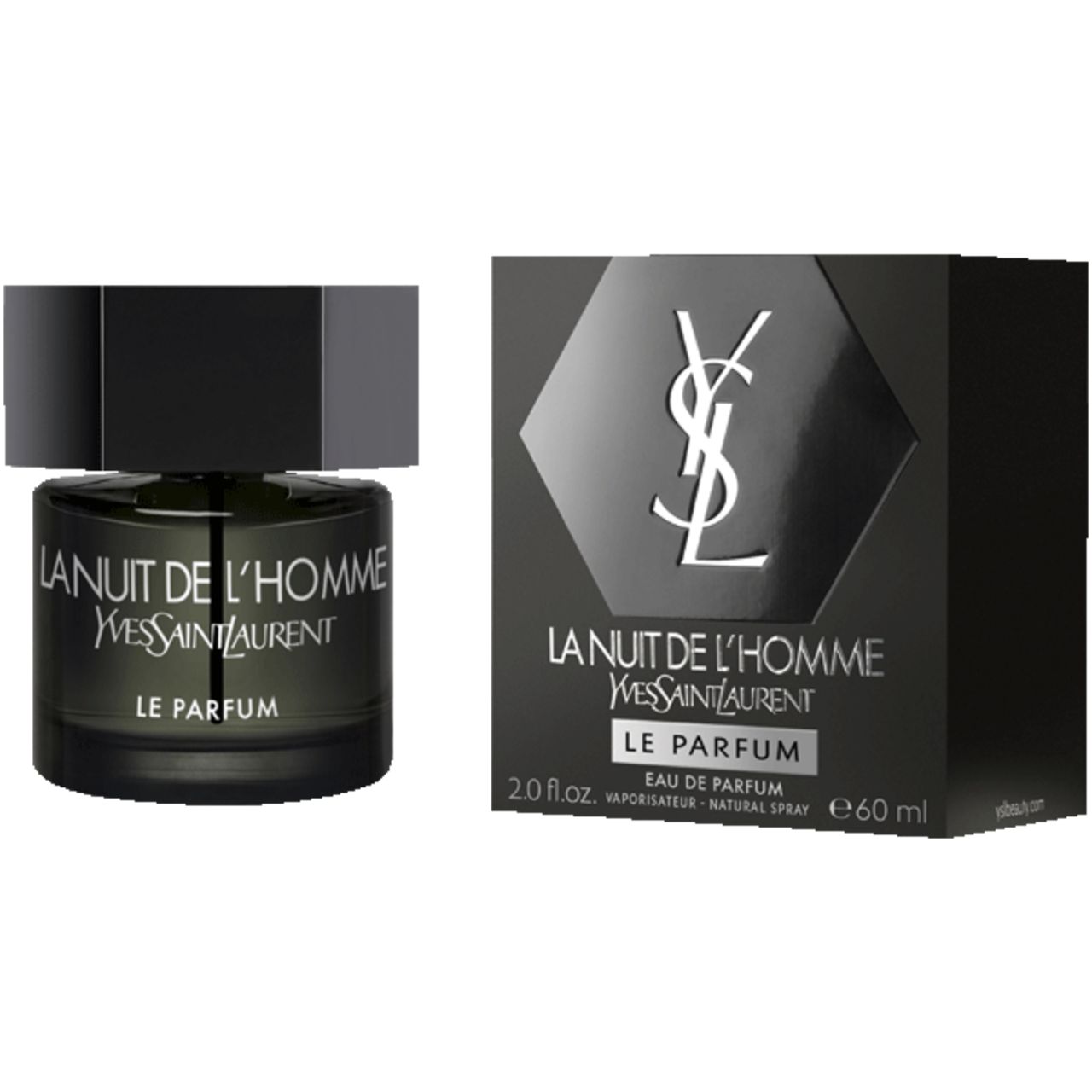 Flakon und Verpackung. Flakon: La Nuit de L'Homme, Yves Saint Laurent, Le Parfum. Verpackung: Logo, Name, Eau de Parfum, 60 ml.