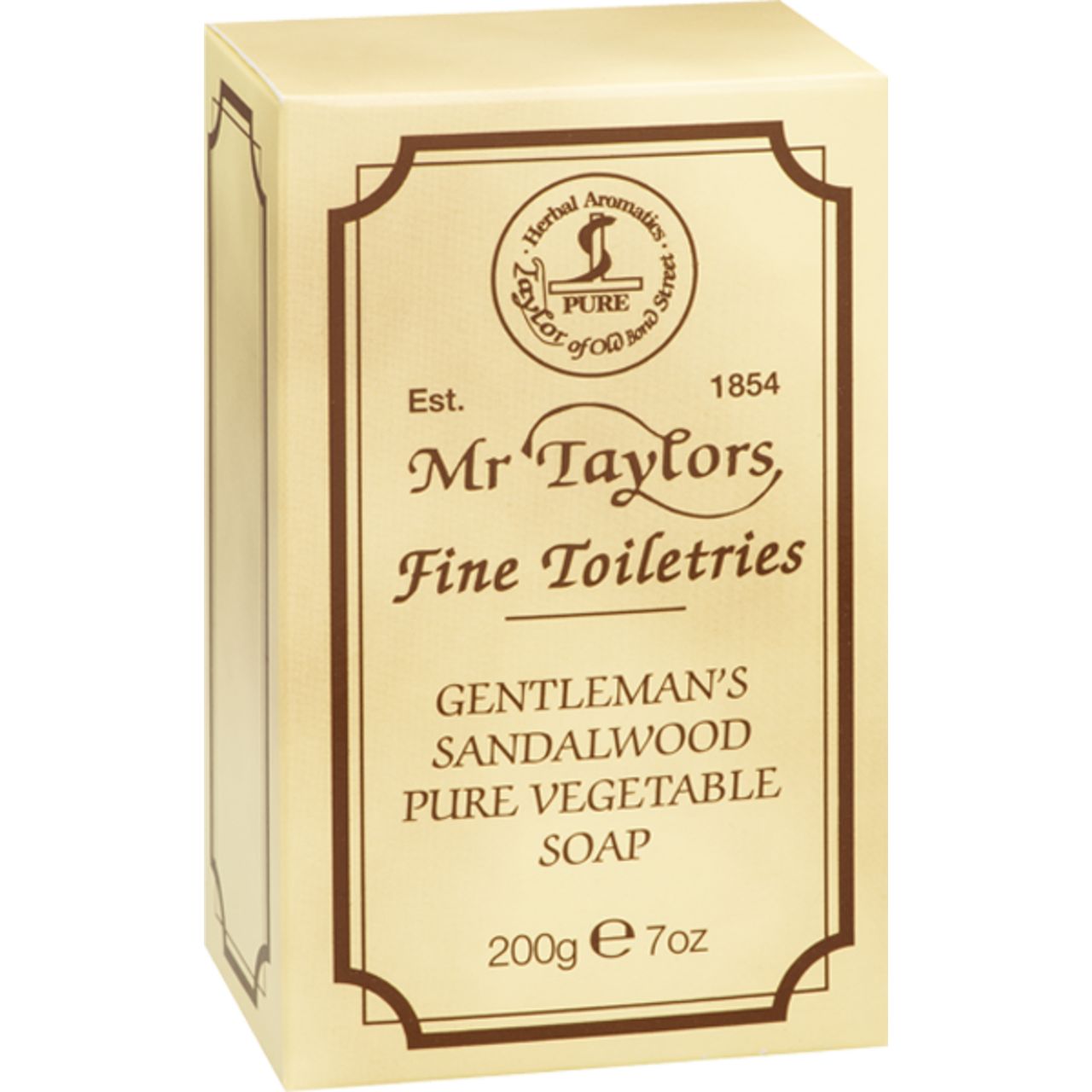 Kartonverpackung mit Produktinformationen. Aufschrift: Gentleman's Sandalwood Pure Vegetable Soap. 200g e 7oz.