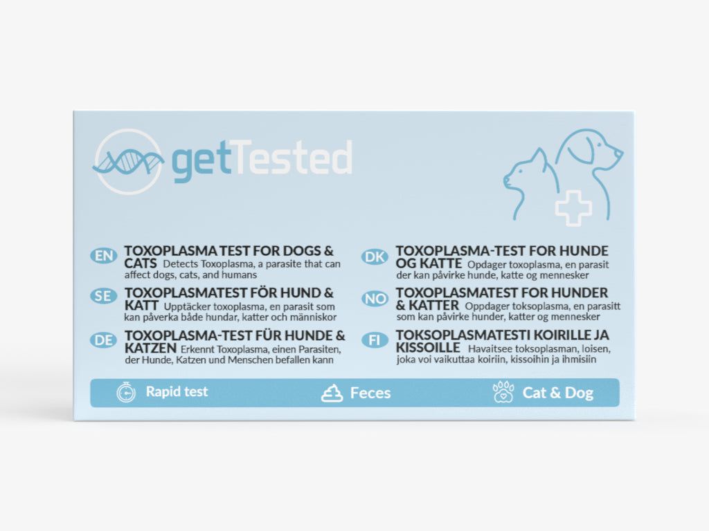 Hellblaue Verpackung. Aufschrift: getTested. Text in mehreren Sprachen: Toxoplasma-Test für Hunde & Katzen. Piktogramme: Katze, Hund, Kot.