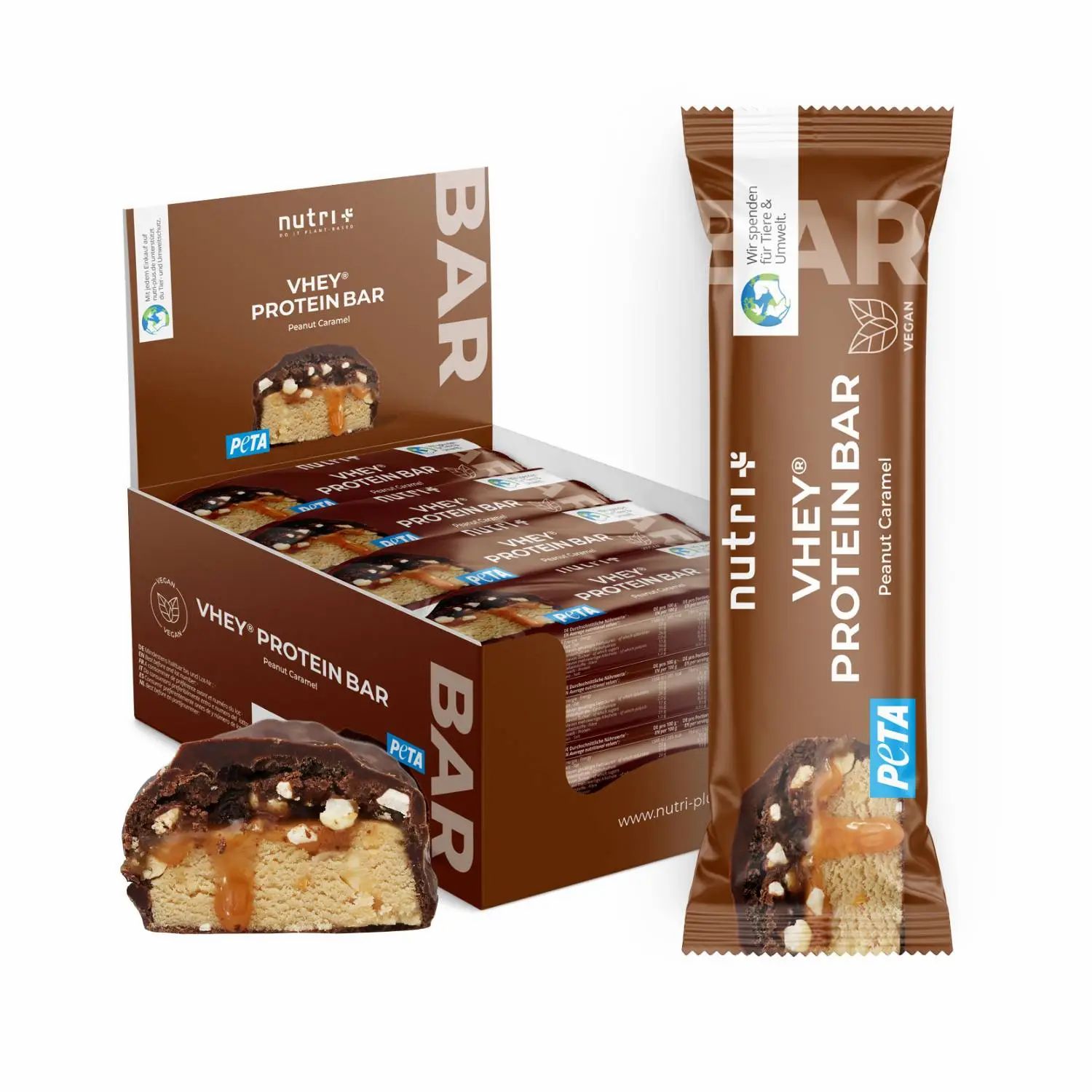 nutri+ Vhey Bar Peanut Caramel - Veganer Proteinriegel Vorteils Box 12 St Riegel