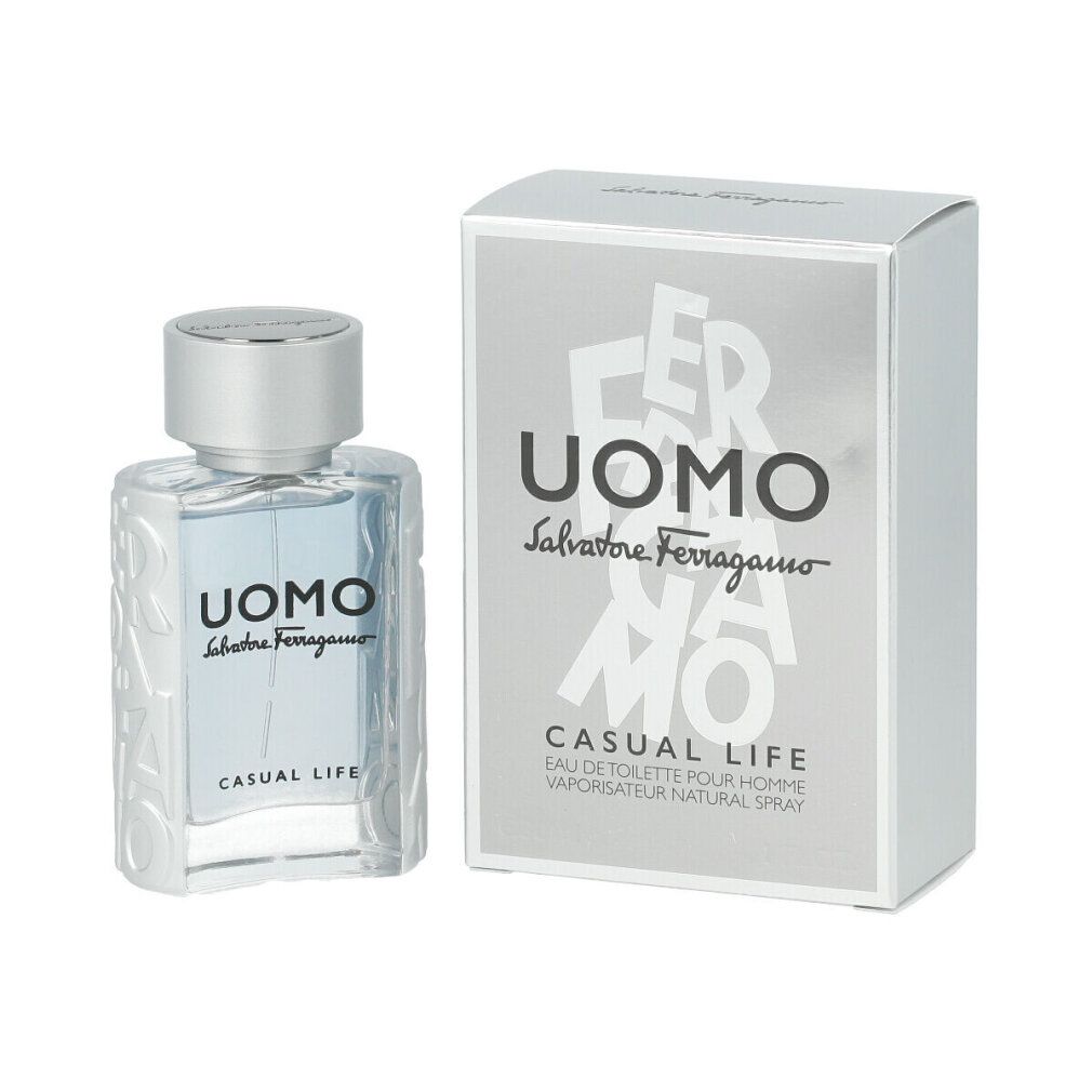 Salvatore Ferragamo Uomo Casual Life Eau de Toilette Flakon und Verpackung.