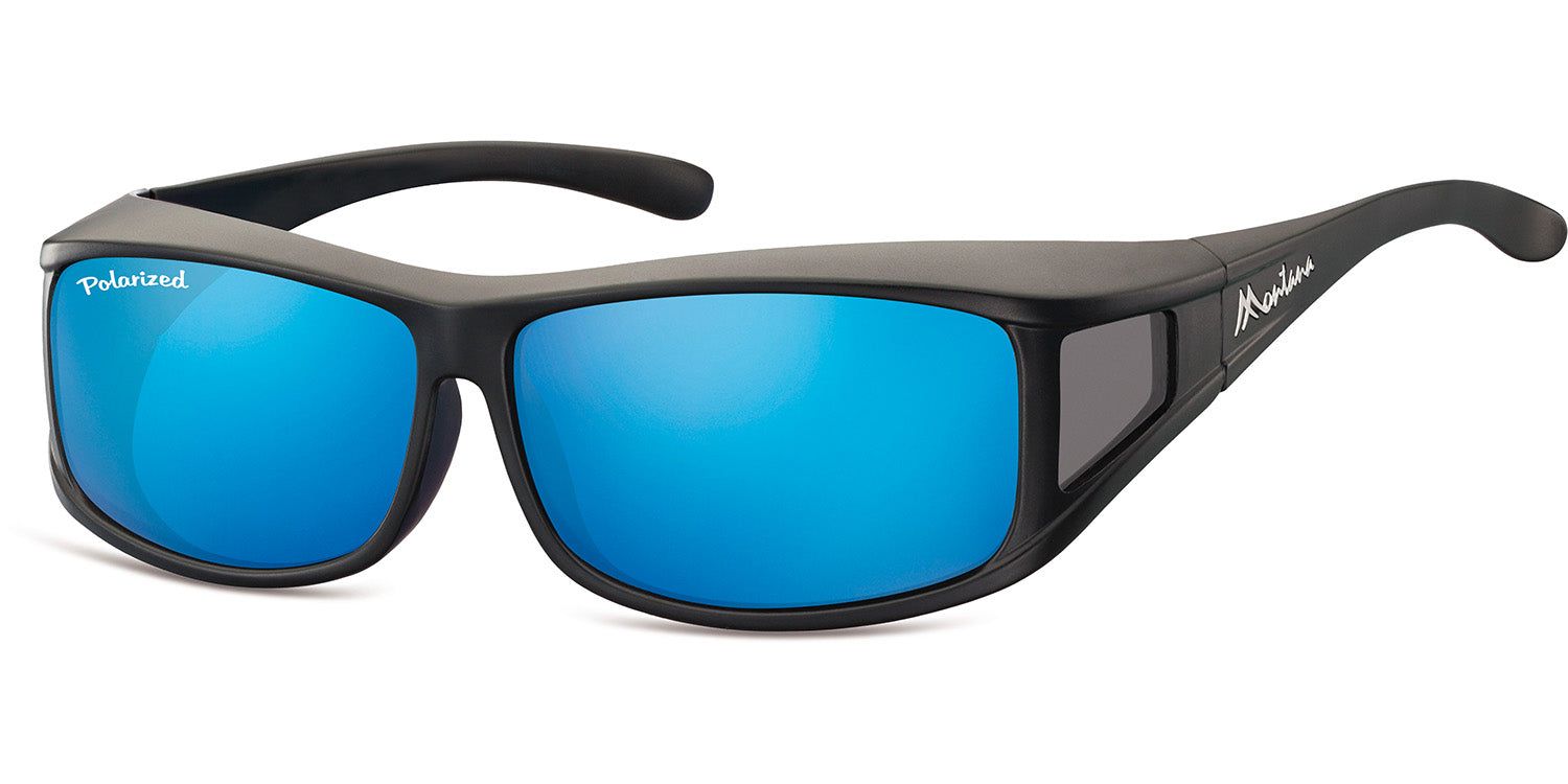 Schwarze Sonnen-Überbrille mit blauen Gläsern. Auf dem linken Glas steht "Polarized". Am Bügel steht "Montana".