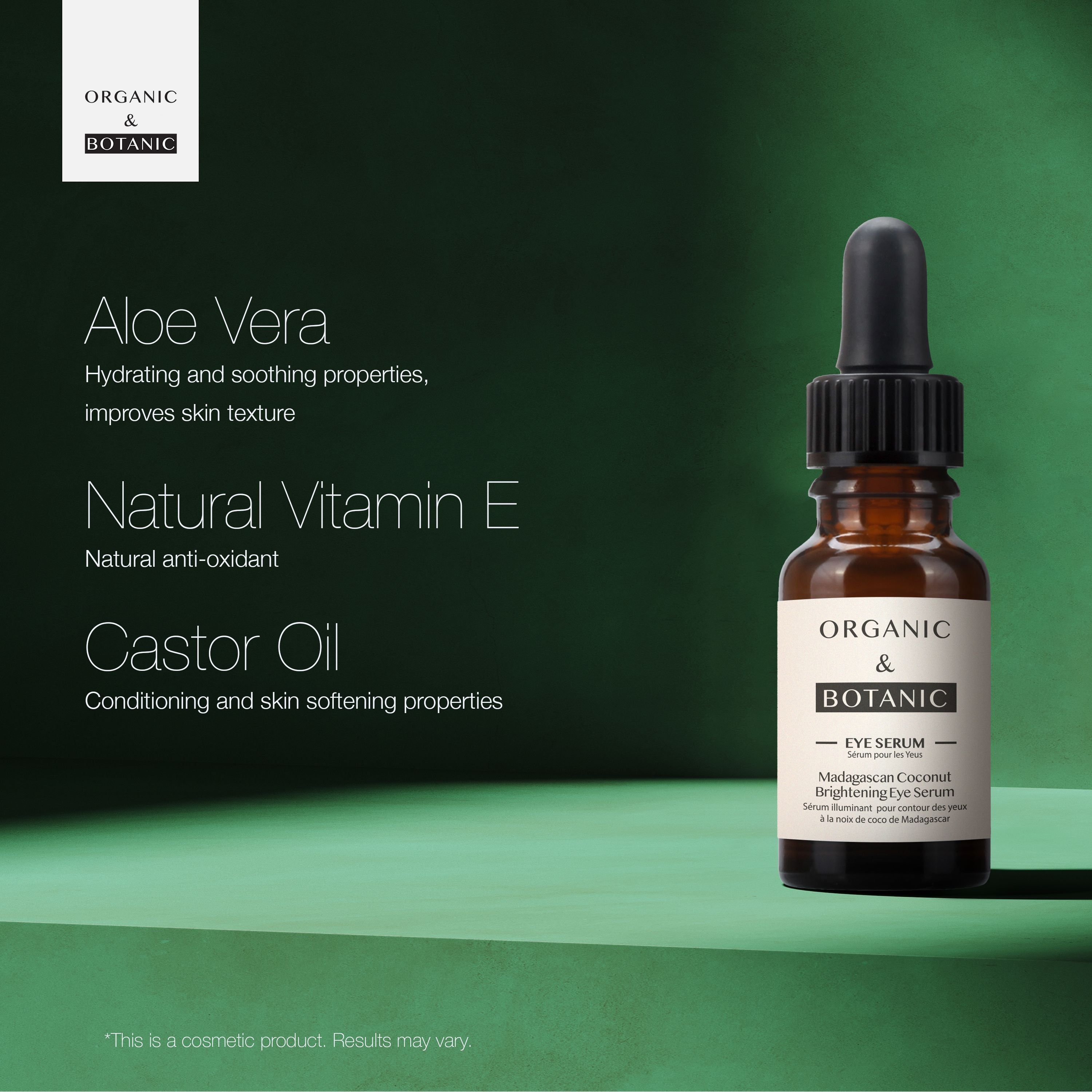Braune Glasflasche mit Tropfer. Auf dem Etikett steht "Organic & Botanic EYE SERUM".