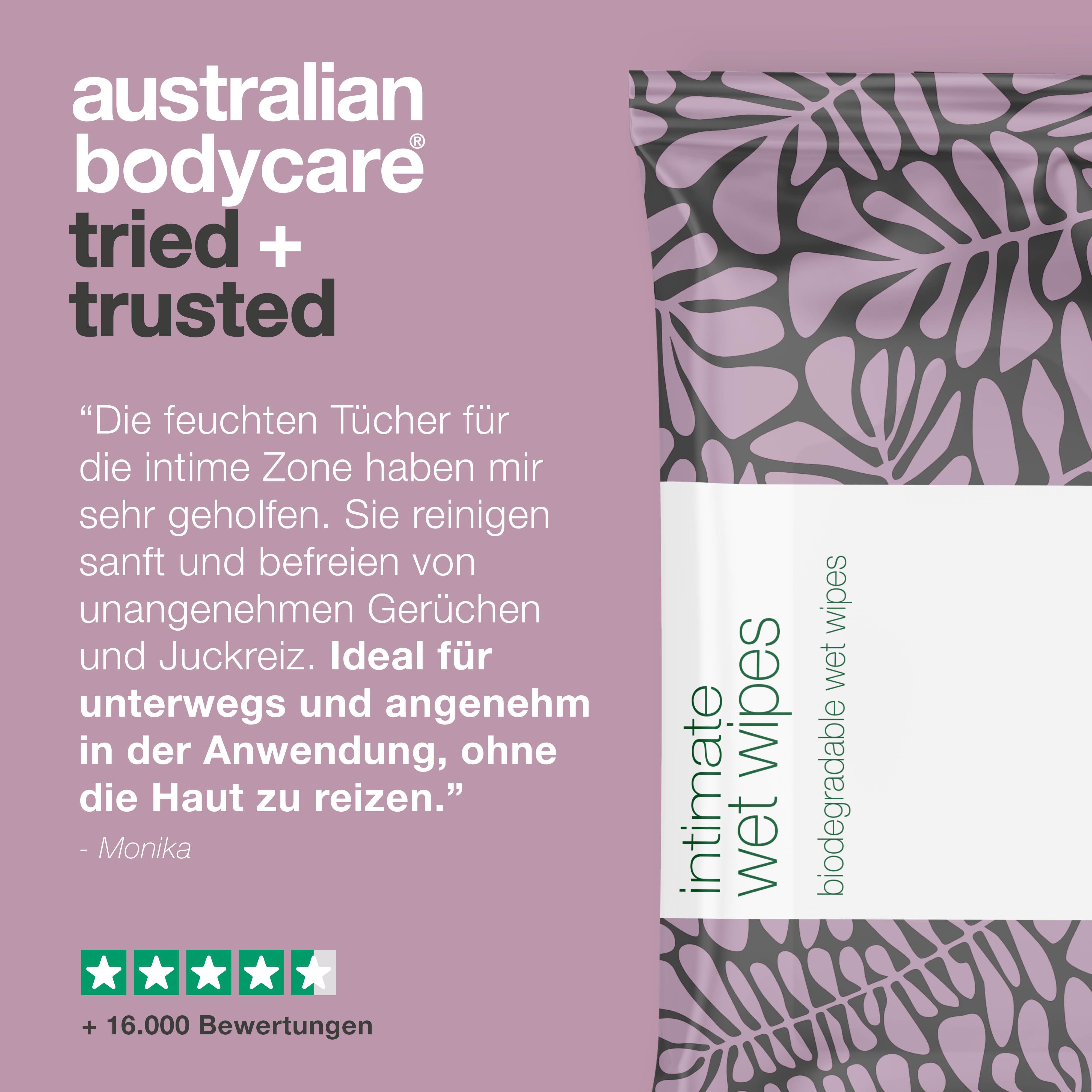 Kundenbewertung. Intim-Feuchttücher. Marke: Australian Bodycare. Text: Die feuchten Tücher haben mir sehr geholfen.