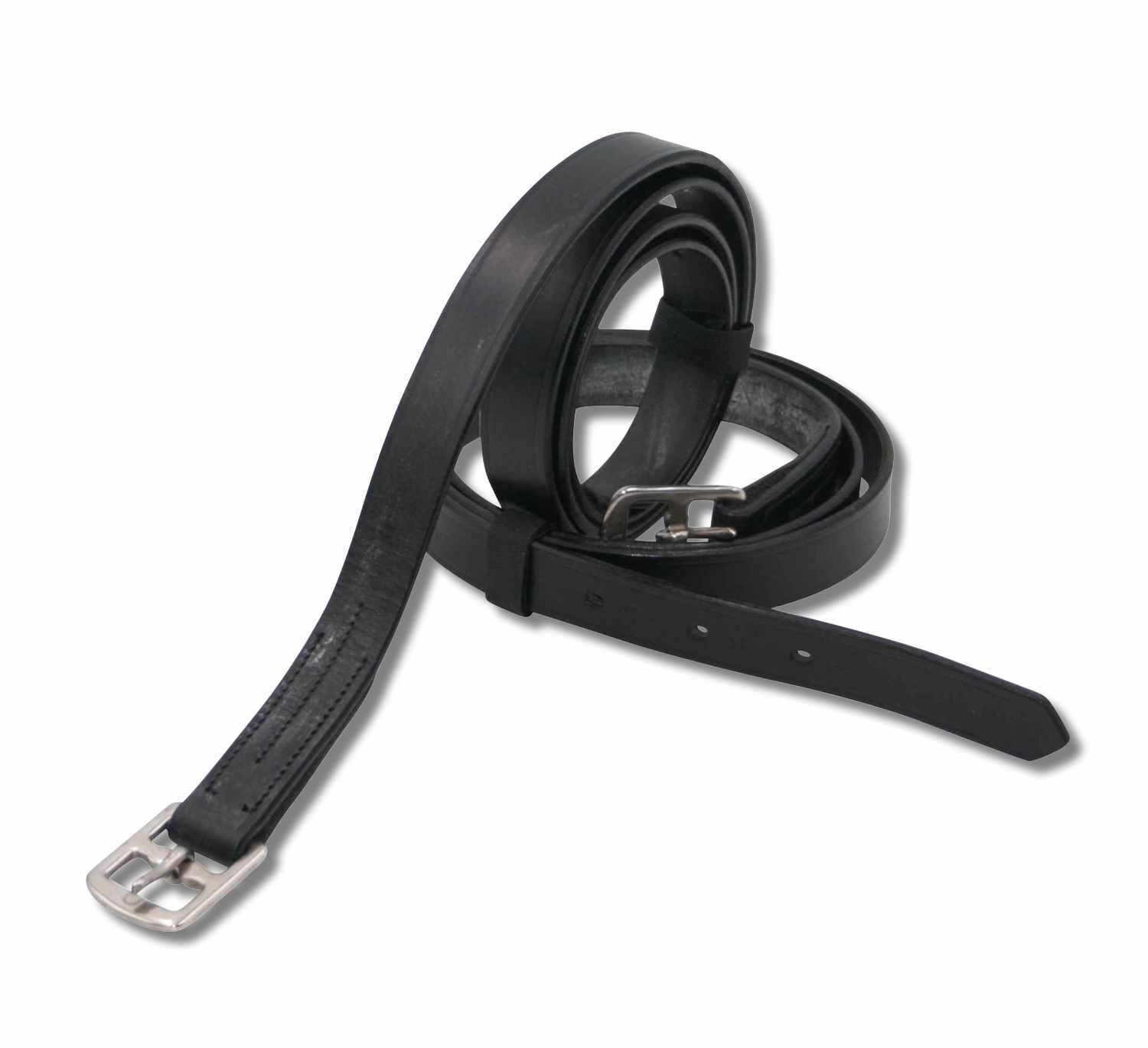 Schwarzer Steigbügelriemen aus Leder mit Metallschnalle. 25 mm breit, 150 cm lang.