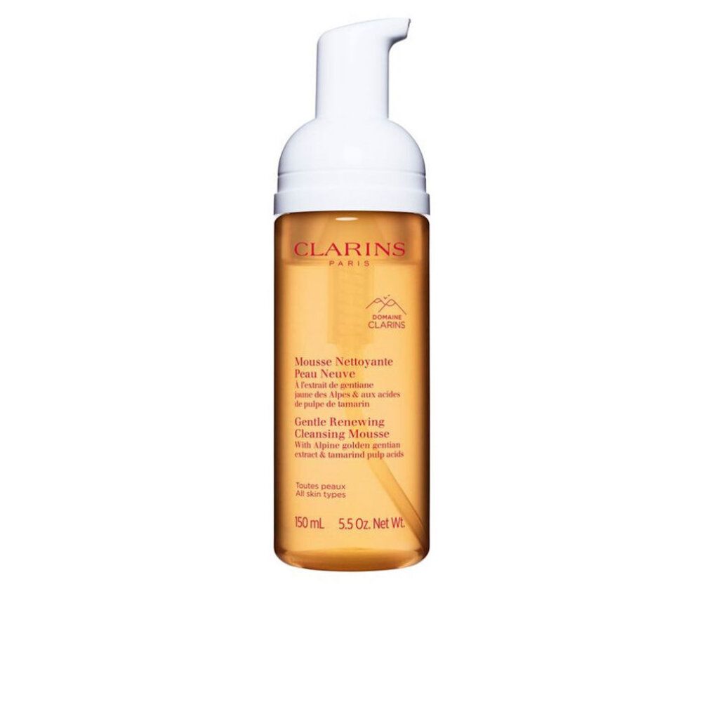 Clarins Reinigungsmousse. Flasche mit weißem Pumpkopf. Gelbliche Flüssigkeit. Text: Mousse Nettoyante Peau Neuve, Gentle Renewing Cleansing Mousse.