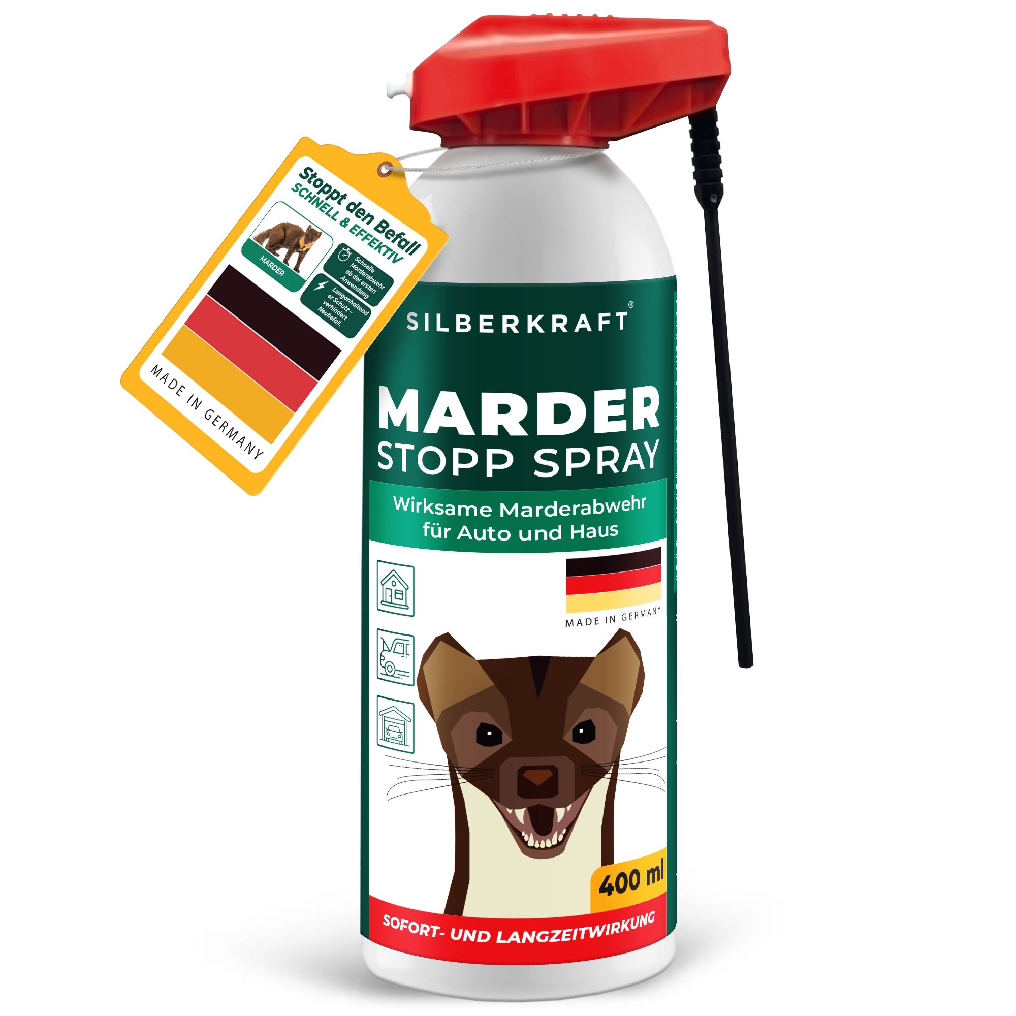SILBERKRAFT Marder-Stopp Spray. Weiße Sprühdose mit rotem Sprühkopf. Etikett mit Produktname, Marder-Illustration und Deutschland-Flagge. 400 ml.