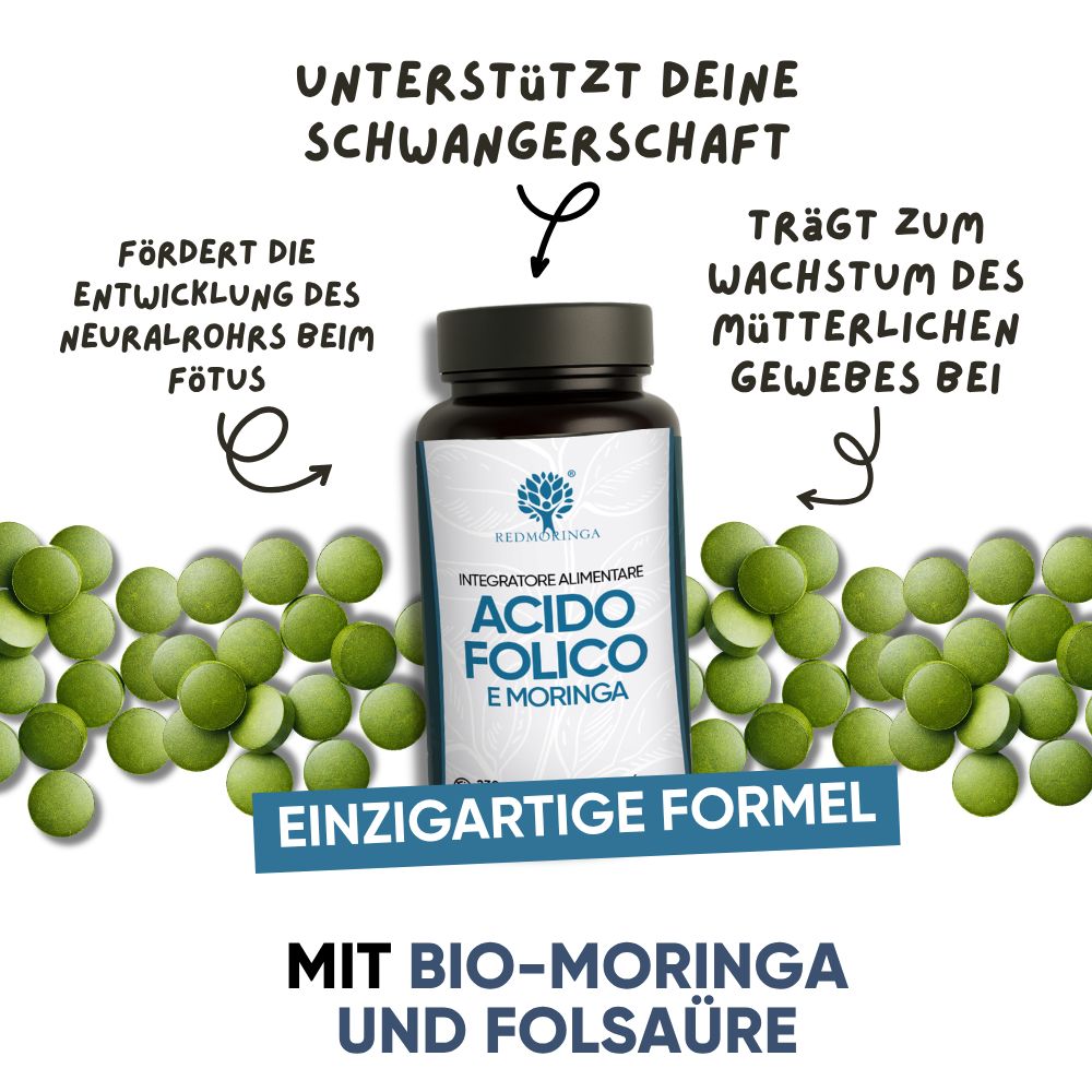 Flasche mit Tabletten. Text: ACIDO FOLICO E MORINGA. Grüne Tabletten. Text: EINZIGARTIGE FORMEL. Text in deutscher Sprache.