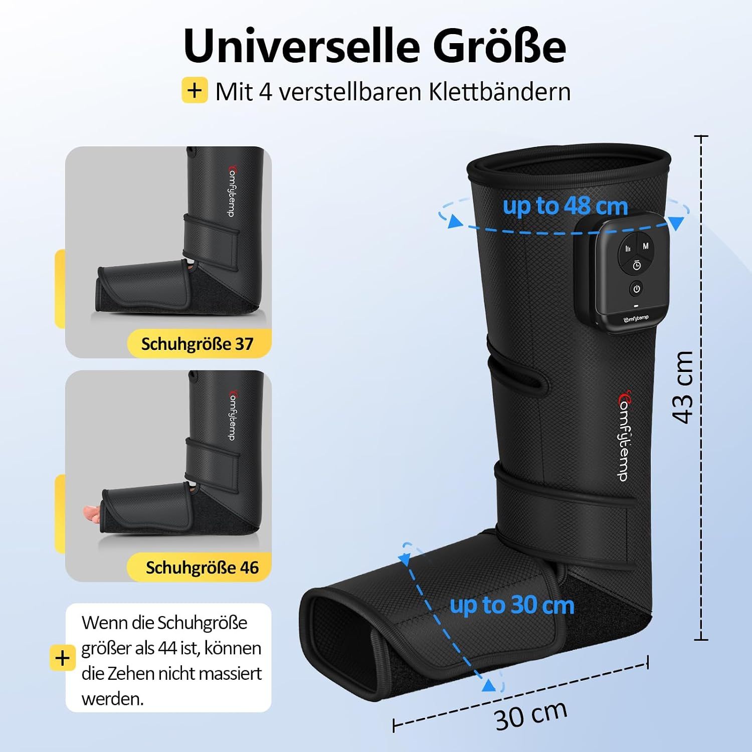 Universelles Beinmassagegerät mit 4 Klettbändern. Maße: 43 cm Höhe, bis 48 cm Oberschenkel, bis 30 cm Wade. Passend für Schuhgrößen 37-46.