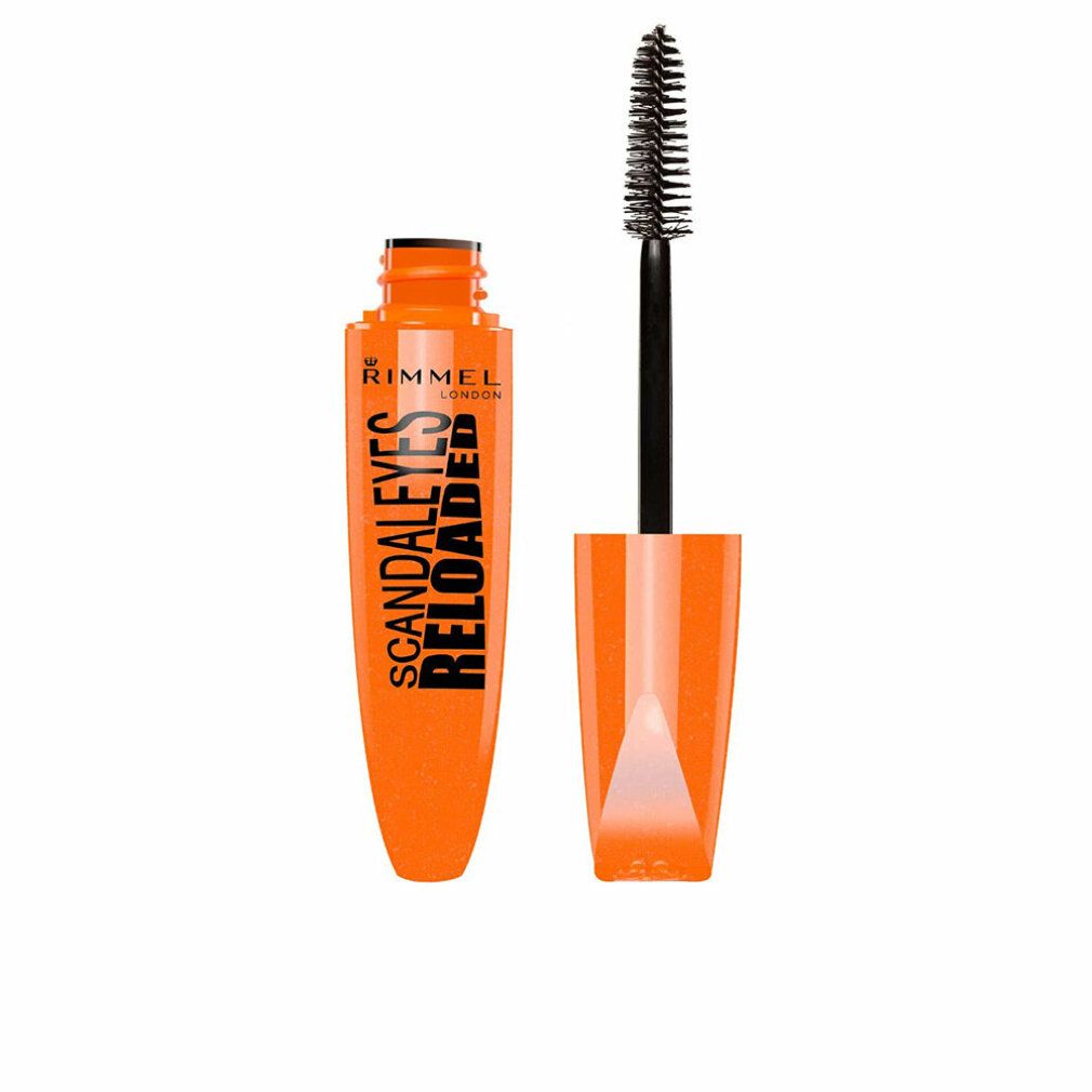 Orangefarbene Mascarabürste und -flasche. Aufschrift: Rimmel London Scandaleyes Reloaded. Schwarze Bürste.