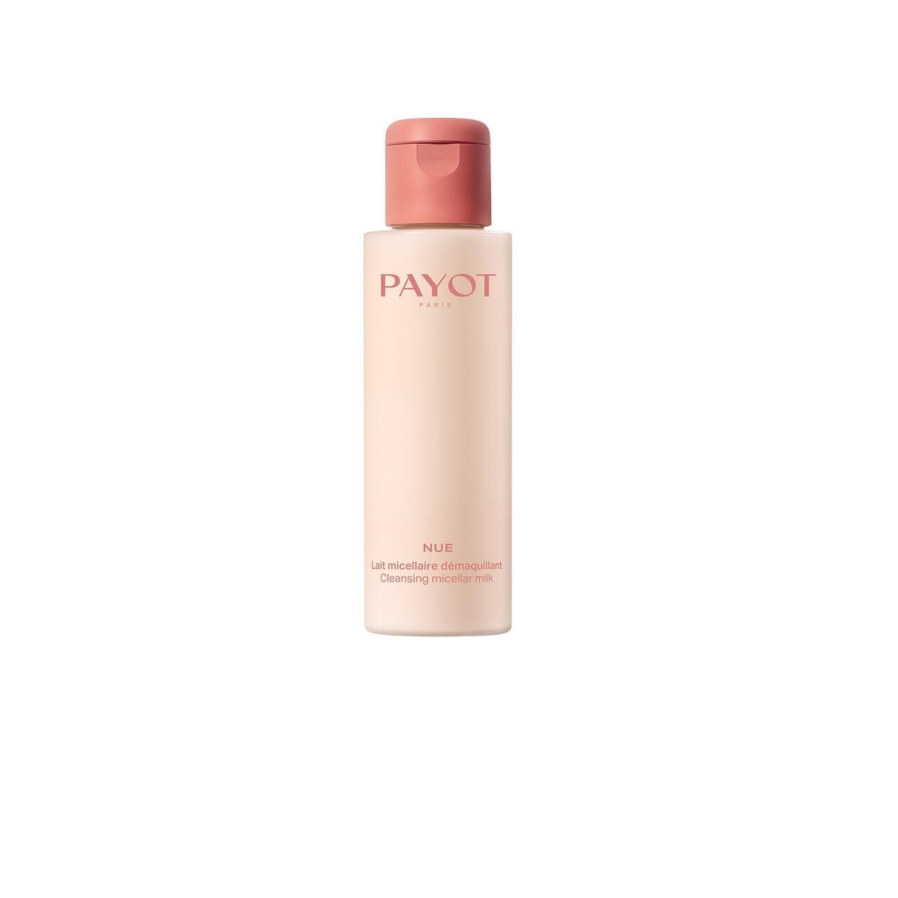 Payot Nue Lait Micellaire Démaquillant. Flasche mit rosa Deckel und Schriftzug. Produktname und Marke deutlich sichtbar.