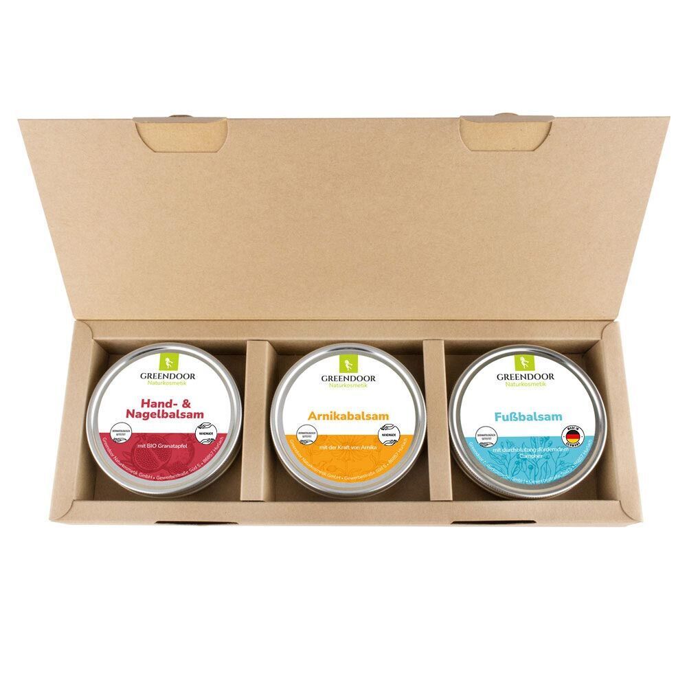 GREENDOOR Geschenk Set: Hand- & Nagelbalsam, Arnika, Fußbalsam in drei runden Dosen.