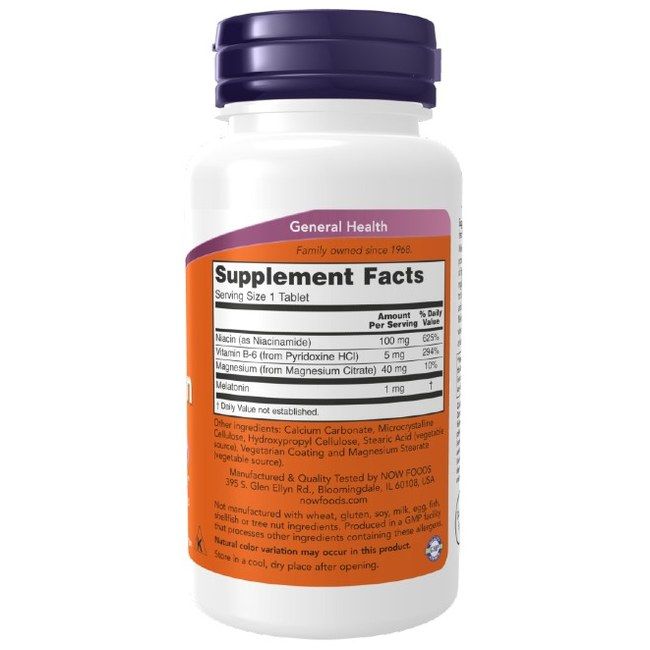 Rückseite der Now Foods Melatonin 1 mg Flasche mit Nährwertangaben und Inhaltsstoffen.