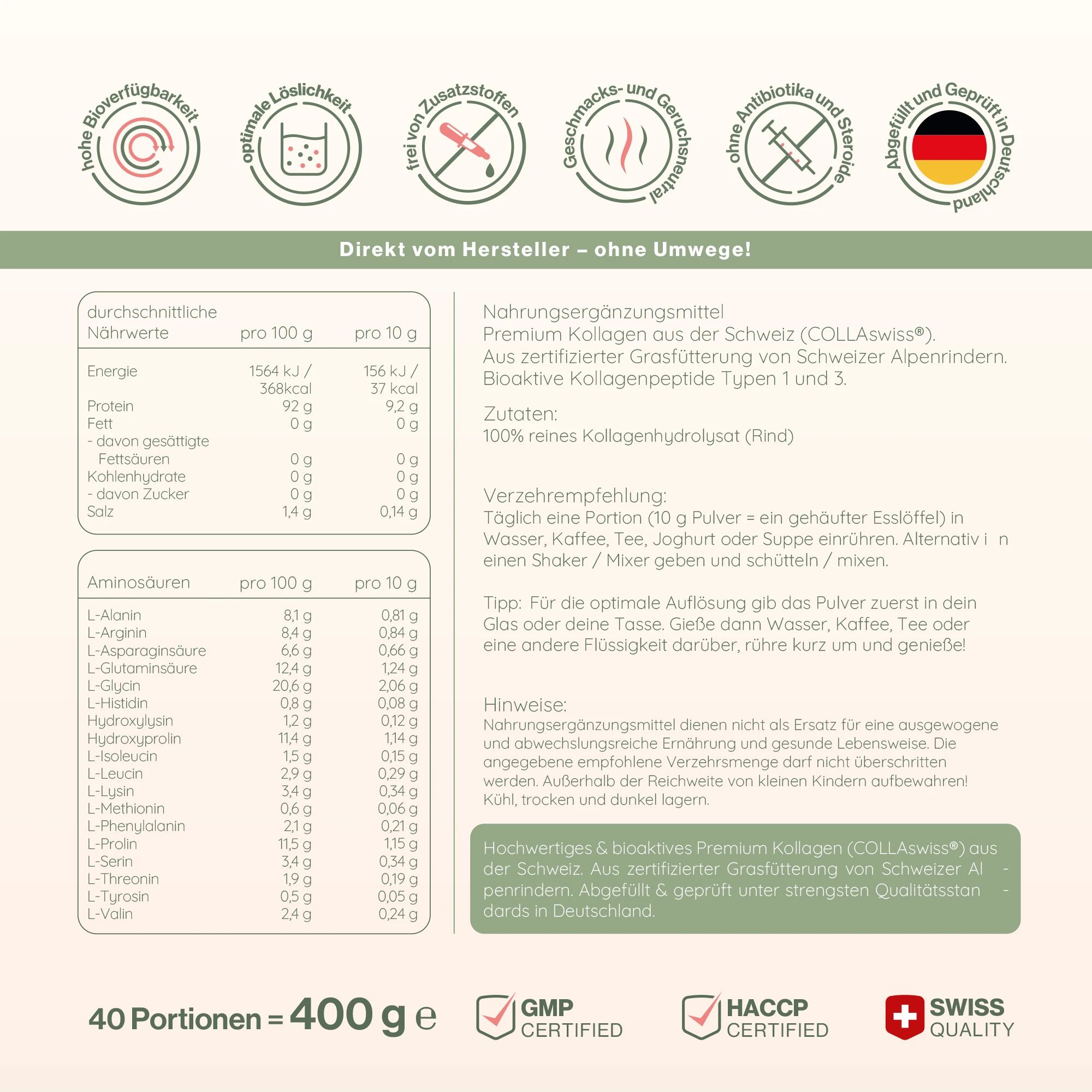 Nährwertangaben und Aminosäureprofil von Kollagenpulver. Enthält Informationen zu Energie, Nährstoffen und Aminosäuren.