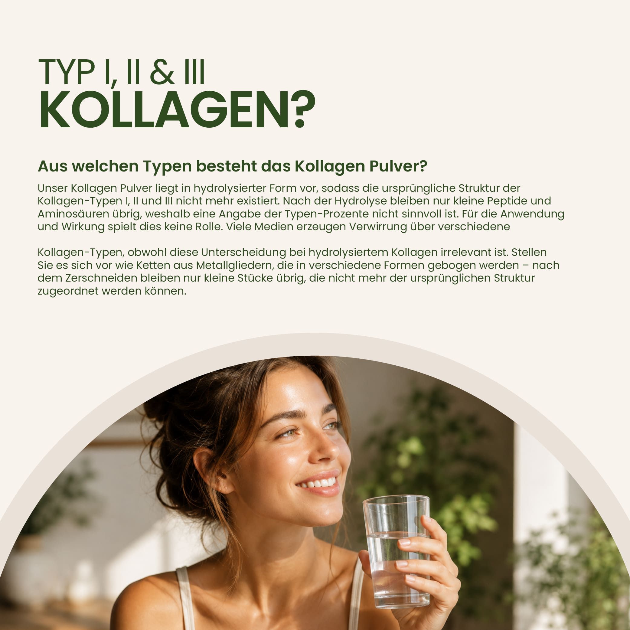 Frau trinkt ein Glas Wasser. Text erklärt die verschiedenen Kollagentypen.