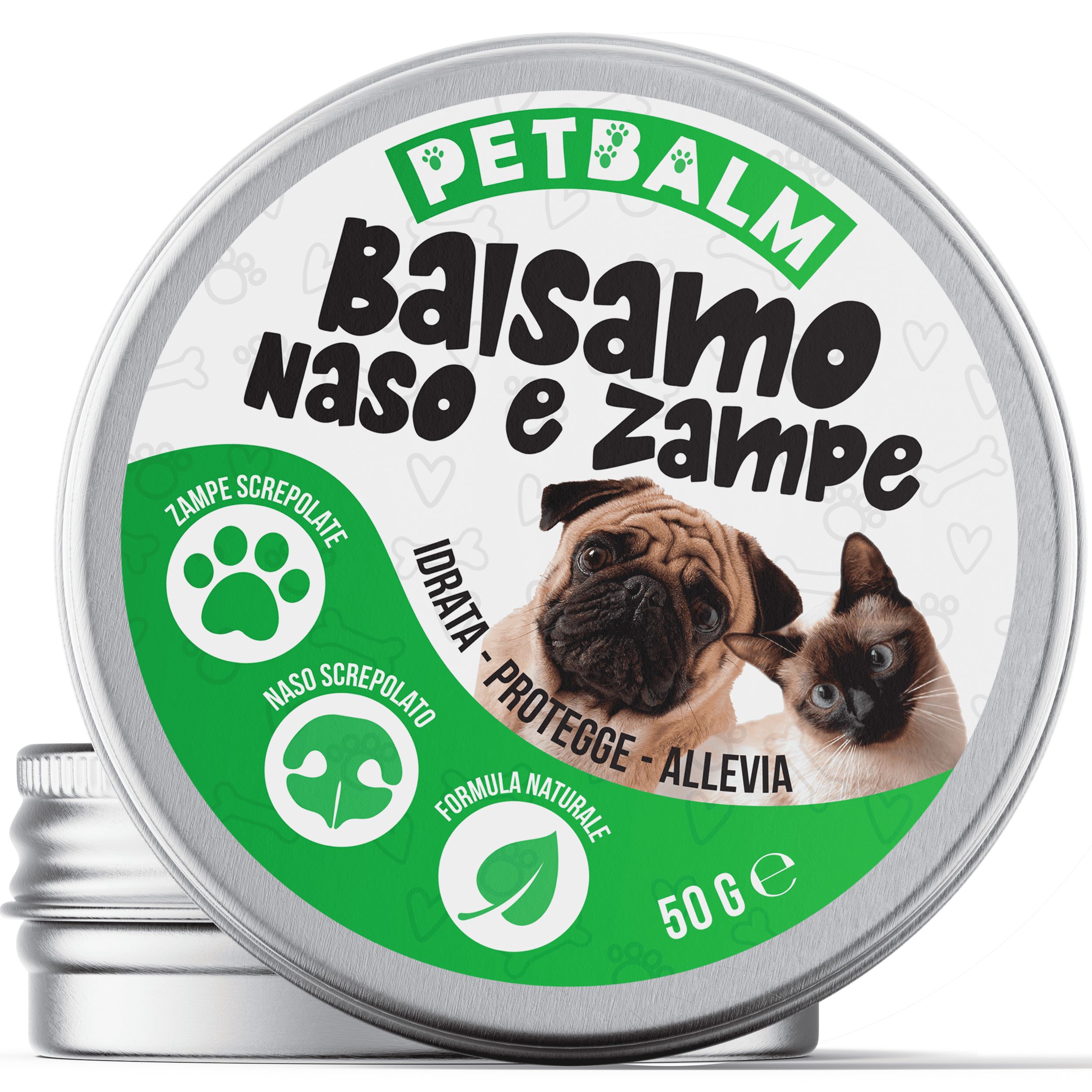 Barattolo rotondo in metallo con la scritta "PETBALM Balsamo Naso e Zampe". Sul coperchio sono raffigurati un carlino e un gatto. Il testo recita "Idrata - Protegge - Allevia". Il barattolo contiene 50g di prodotto.