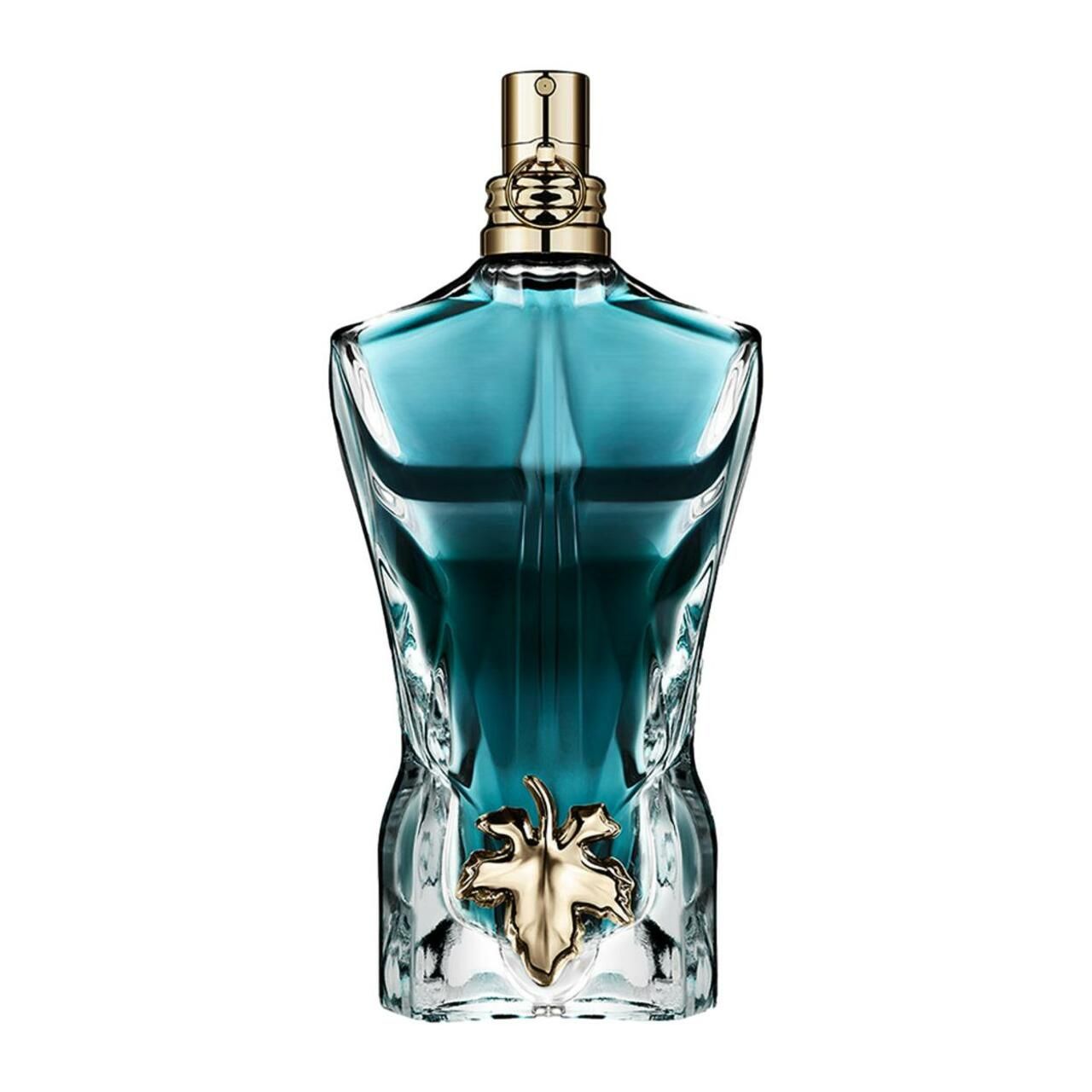 Flakon in Form eines männlichen Torsos, blaues Parfum, goldfarbener Verschluss und Blatt-Dekor.